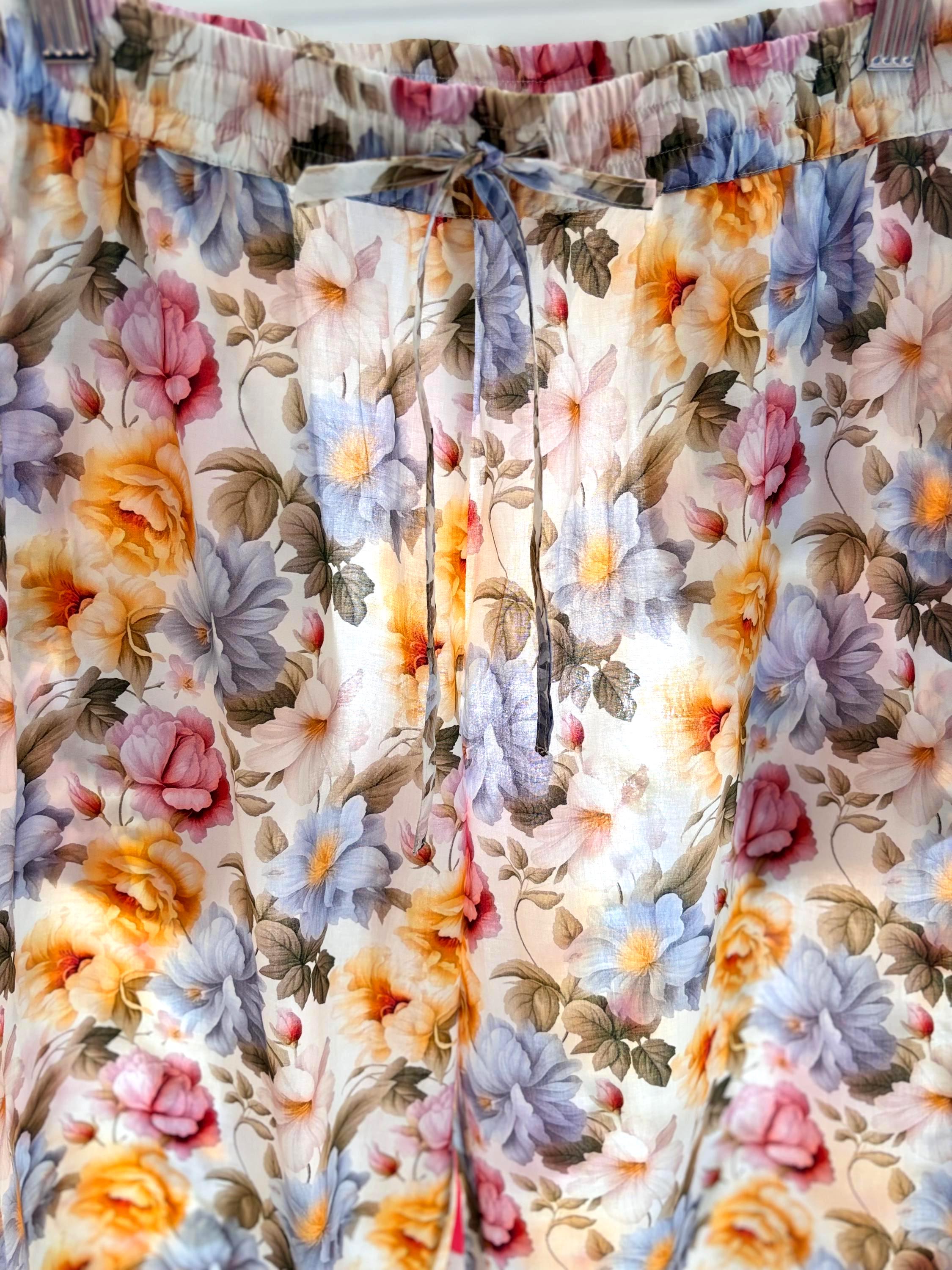 Floral Cotton Pyjama Set: Vintage Style Frills, Sky Blue & Yellow