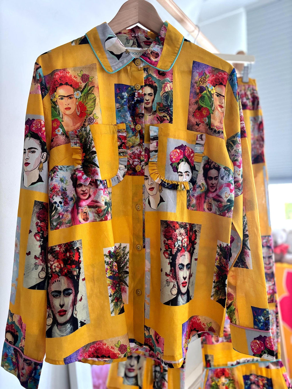 Frida Kahlo Cotton Pyjama frills Set: Yellow Portrait Print Loungewear
