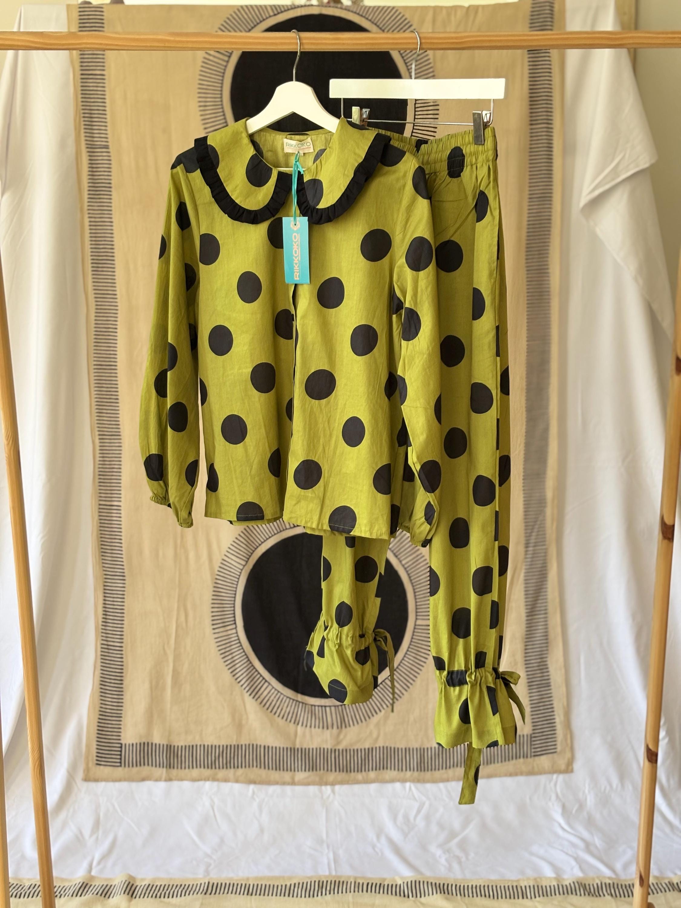 Victorian Floral Cotton Pajama Set: Sage Green & Orange Ruffle Trim