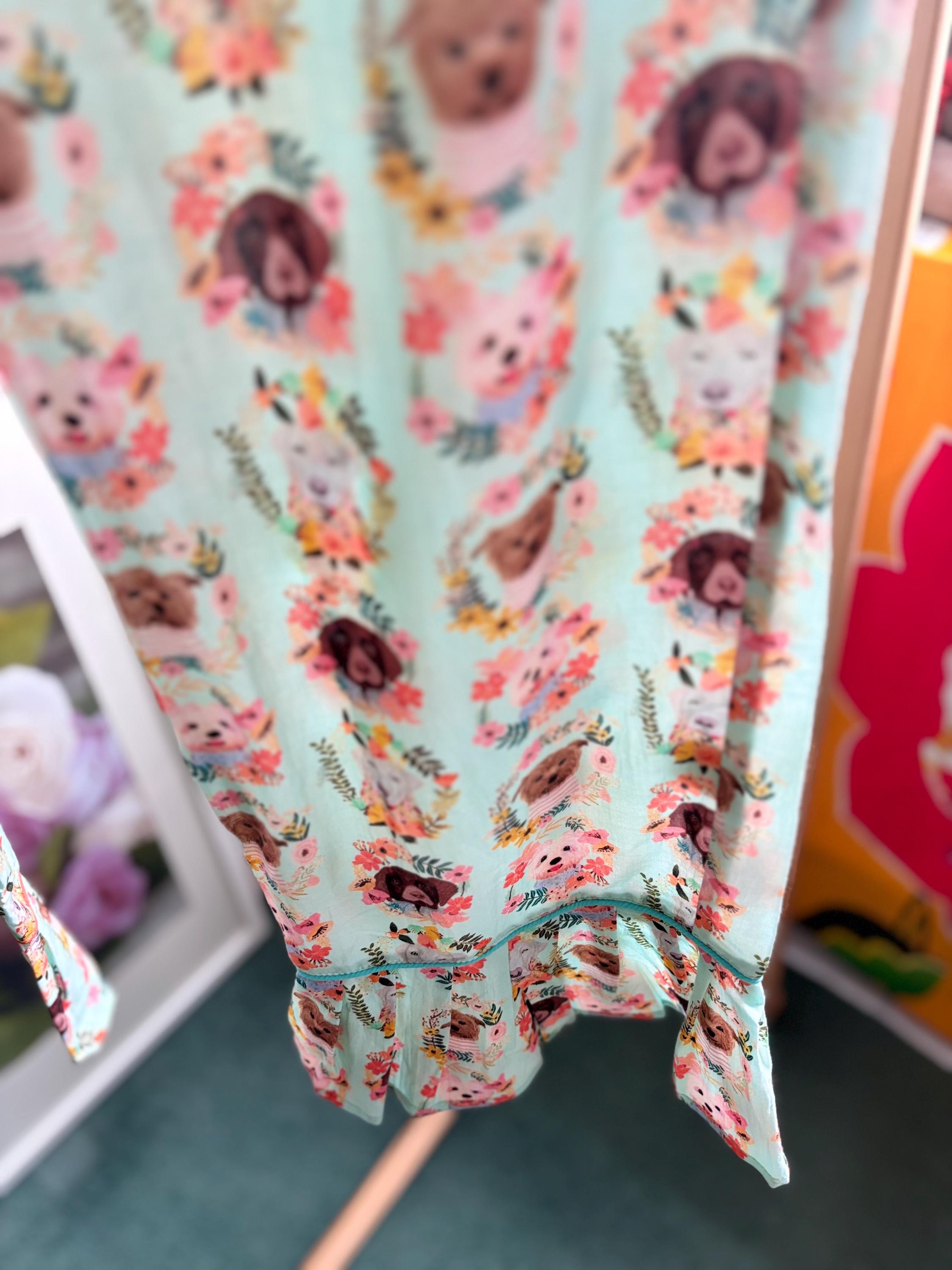 Pyjama cotton set coordinate  with frills  and pocket on quirky  DOGS PUPPY  print