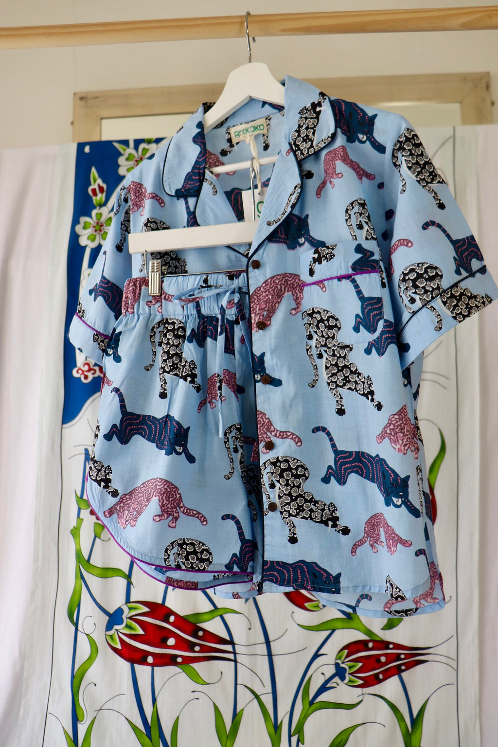 Cotton Pyjama Set: Green Orange Panther Print, Short Sleeve Piped Loungewear