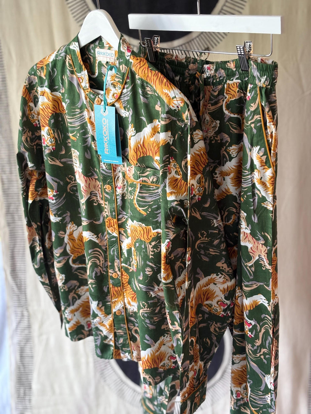 Men's Cotton Tiger Print Pajama Set: Black, Blue, Green