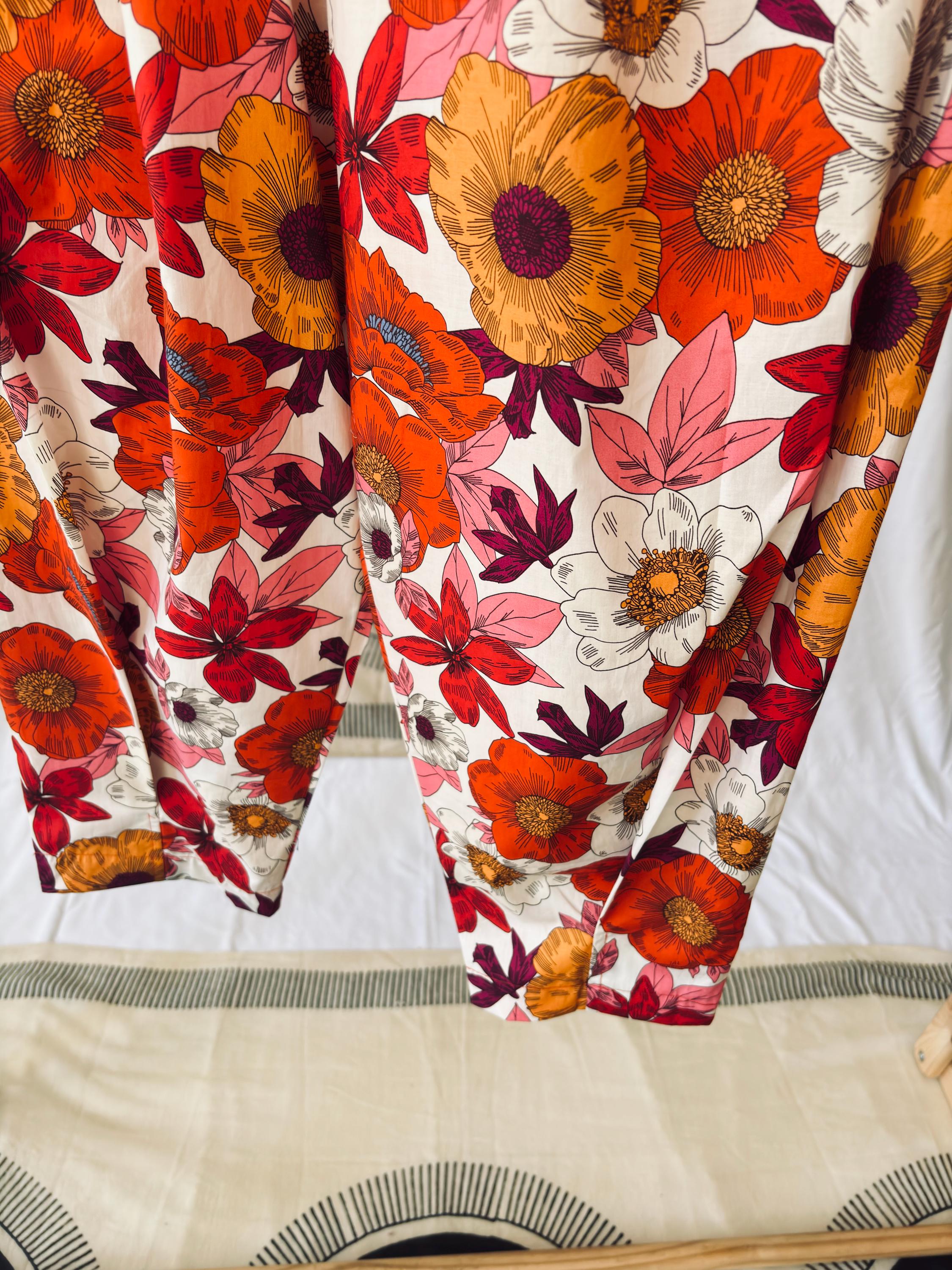 60s Floral Cotton Poplin Set: Sleeveless Top & High-Waisted Pants