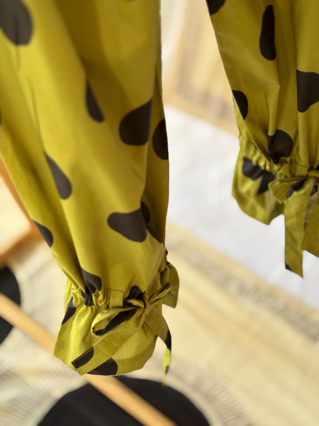 woman Victorian Style Cotton Pyjama  Set black Polka Dot  on a lime green base