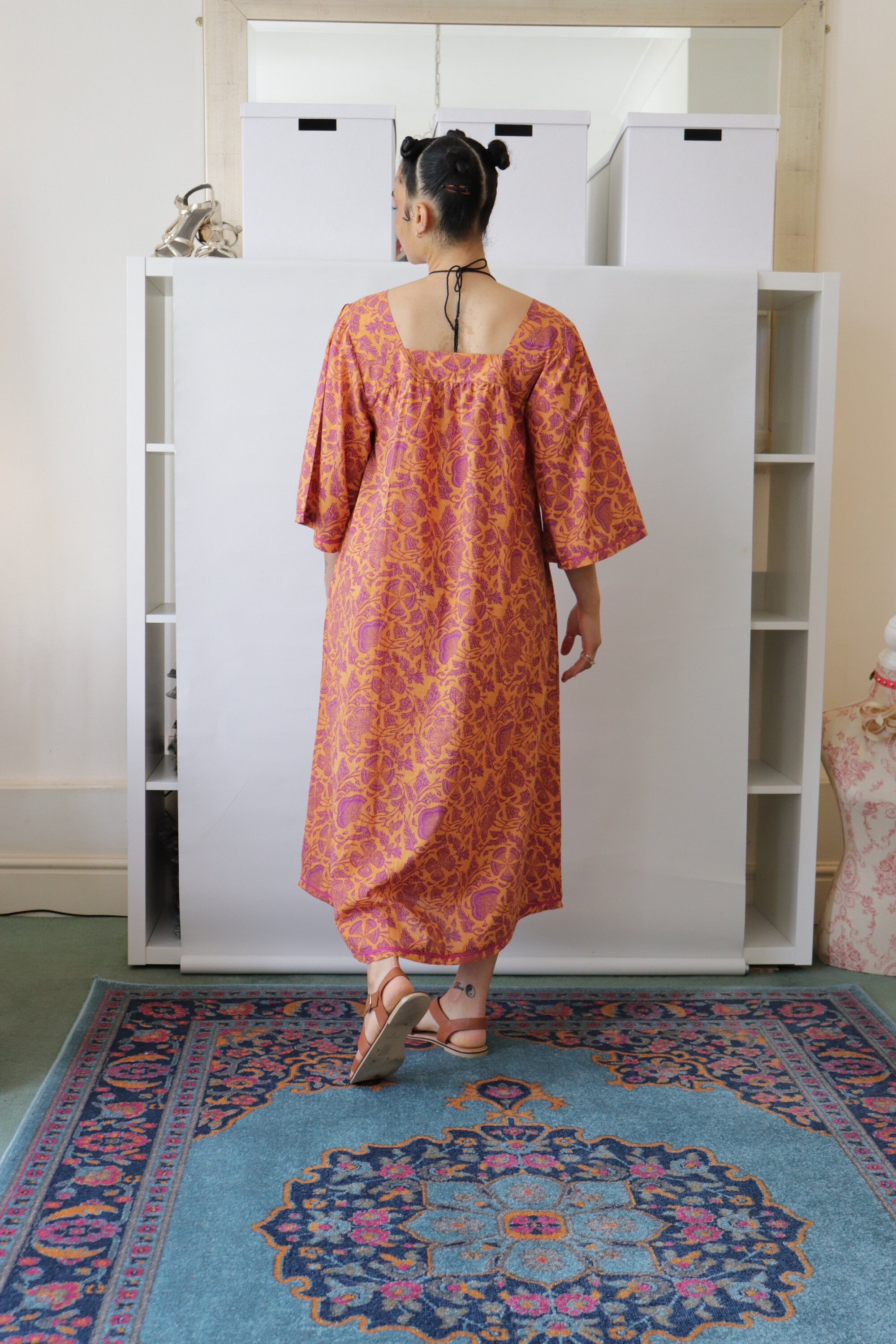 Floral Cotton Summer Dress: Block Print Lounge Dress with Sleeves