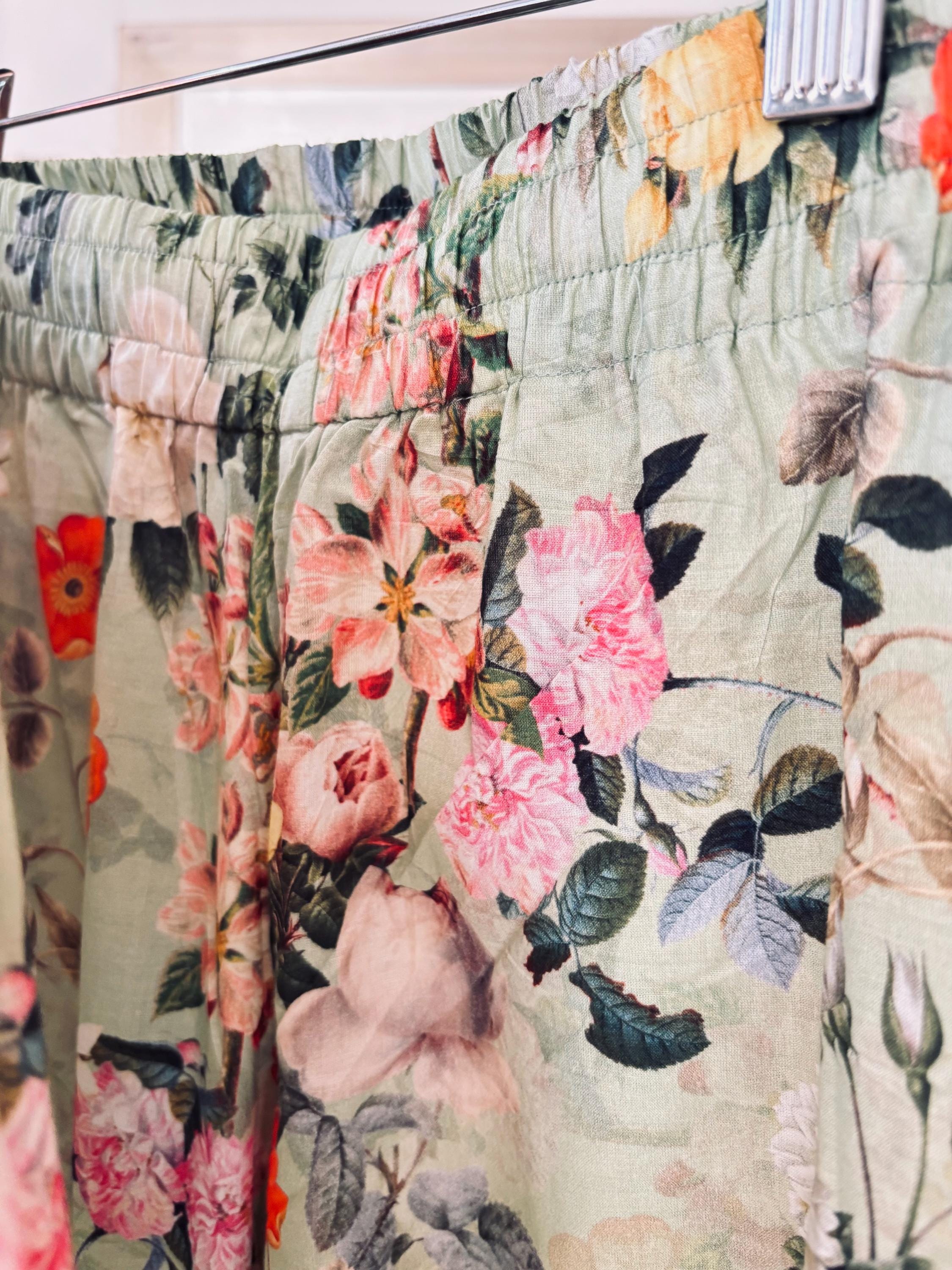 Victorian Floral Cotton Pajama Set: Sage Green & Orange Ruffle Trim