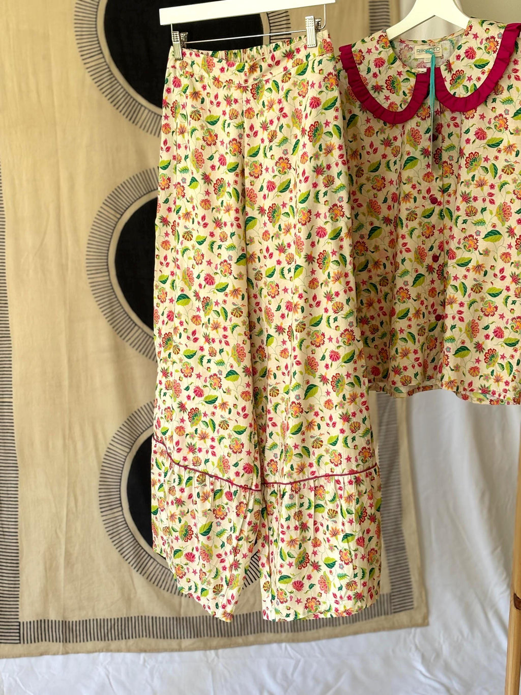 Victorian Floral Cotton Pyjama Set: Magenta Ruffle Trim