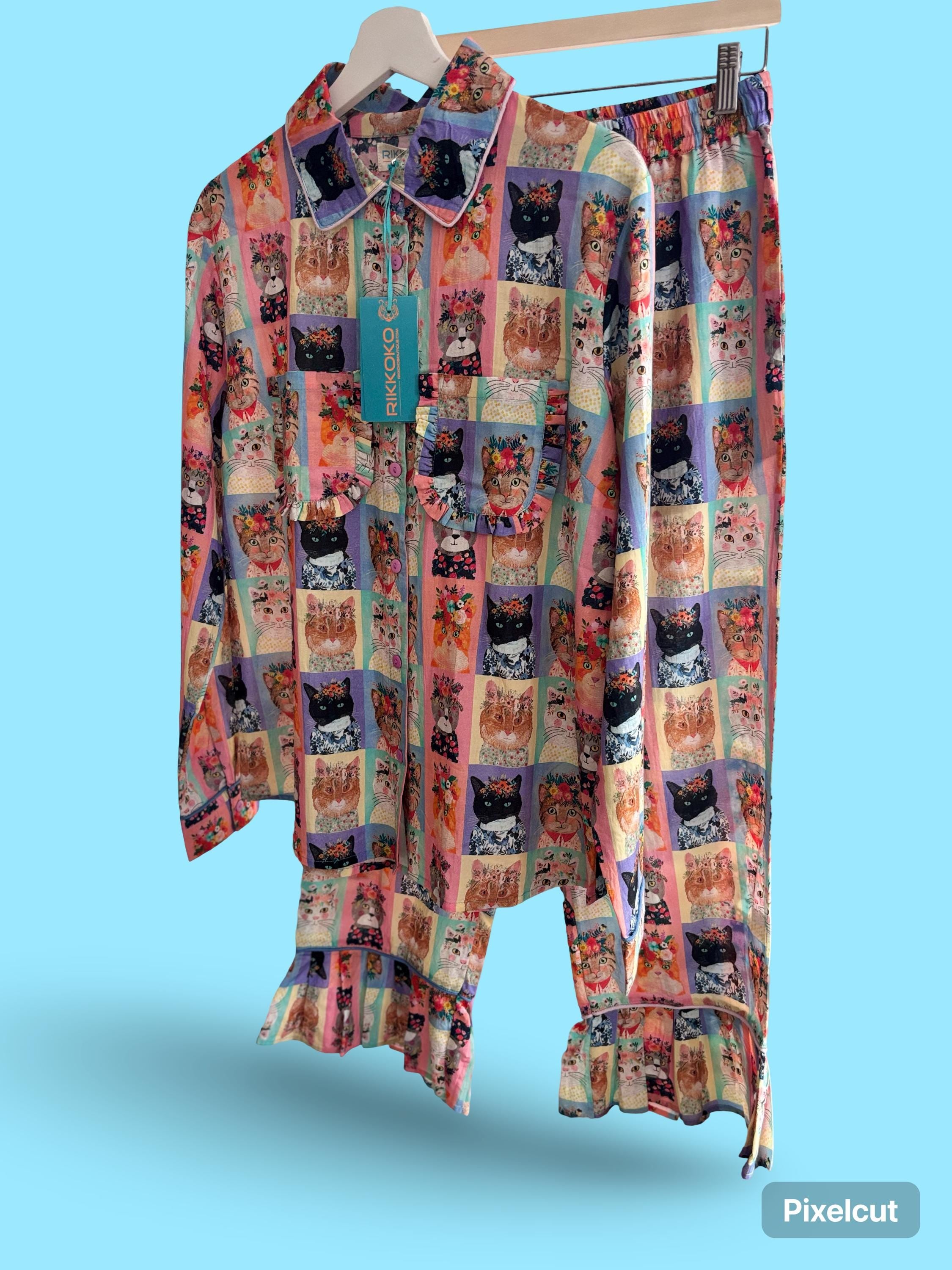WOMAN Cotton Pyjama Set  Cats Print, with frills on a pastel palette