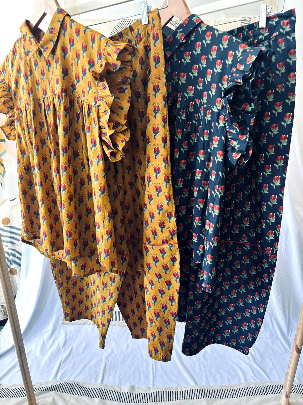 Floral blouse | 100% cotton sleeveless summer block print | orange | blue | cream