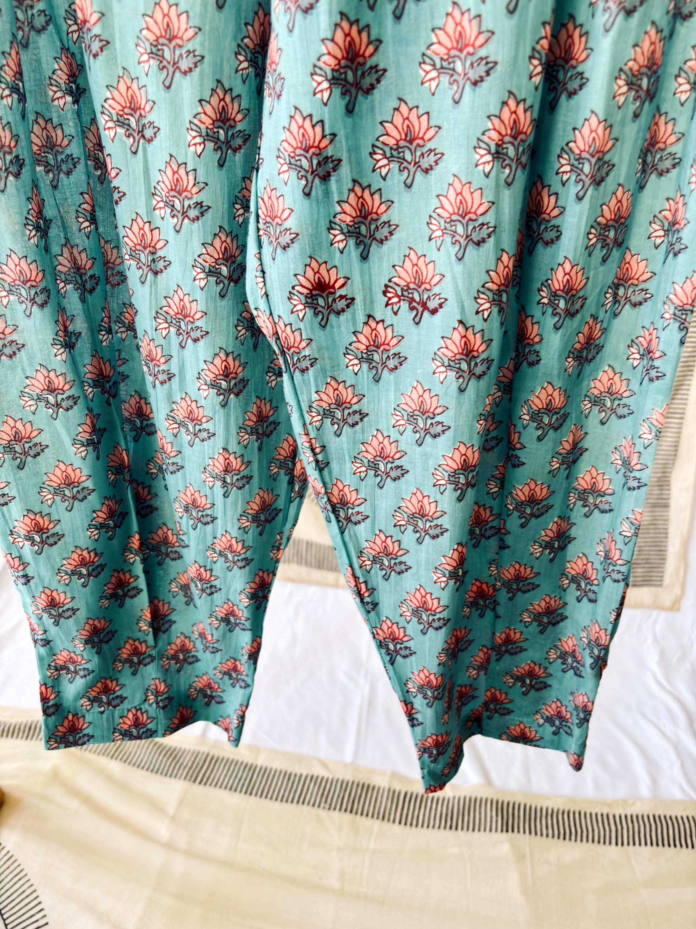 Floral Block Print Cotton Coordinate Set: Sleeveless Top & High-Waisted Pants