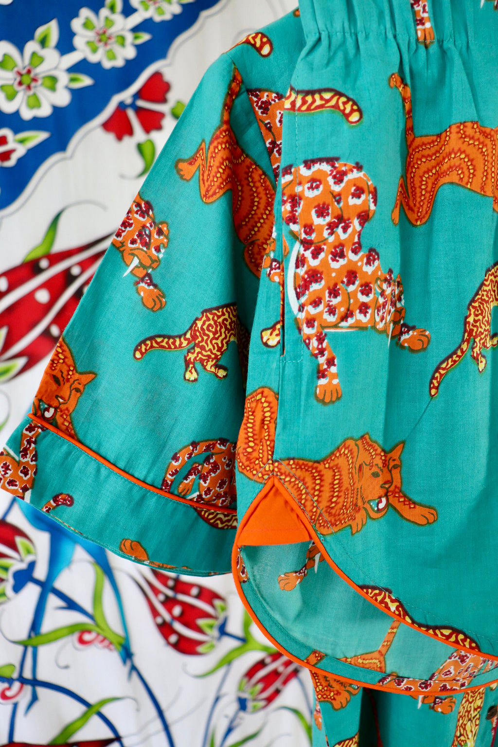 Cotton Pyjama Set: Green Orange Panther Print, Short Sleeve Piped Loungewear