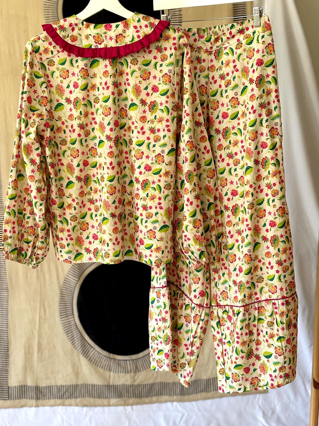 Victorian Floral Cotton Pyjama Set: Magenta Ruffle Trim
