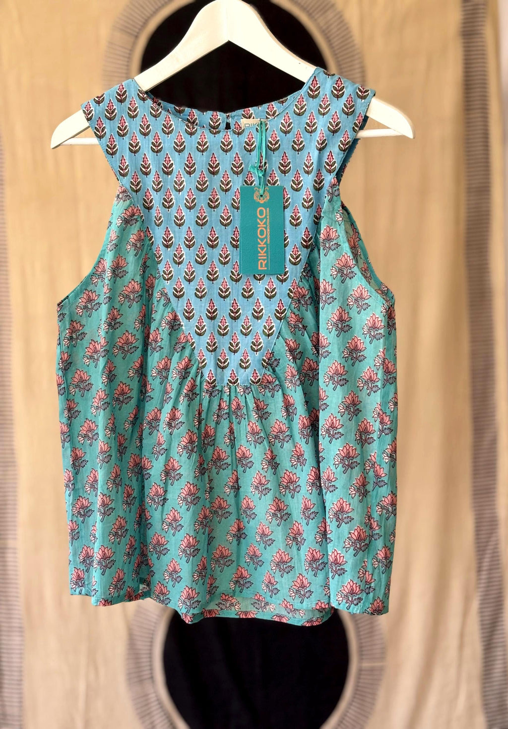 Floral Block Print Cotton Coordinate Set: Sleeveless Top & High-Waisted Pants