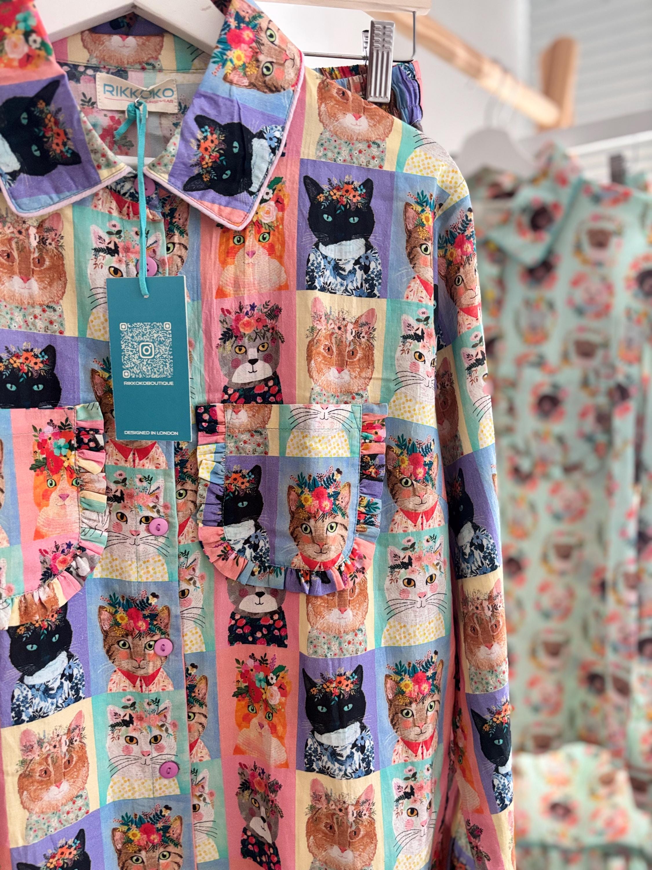 WOMAN Cotton Pyjama Set  Cats Print, with frills on a pastel palette