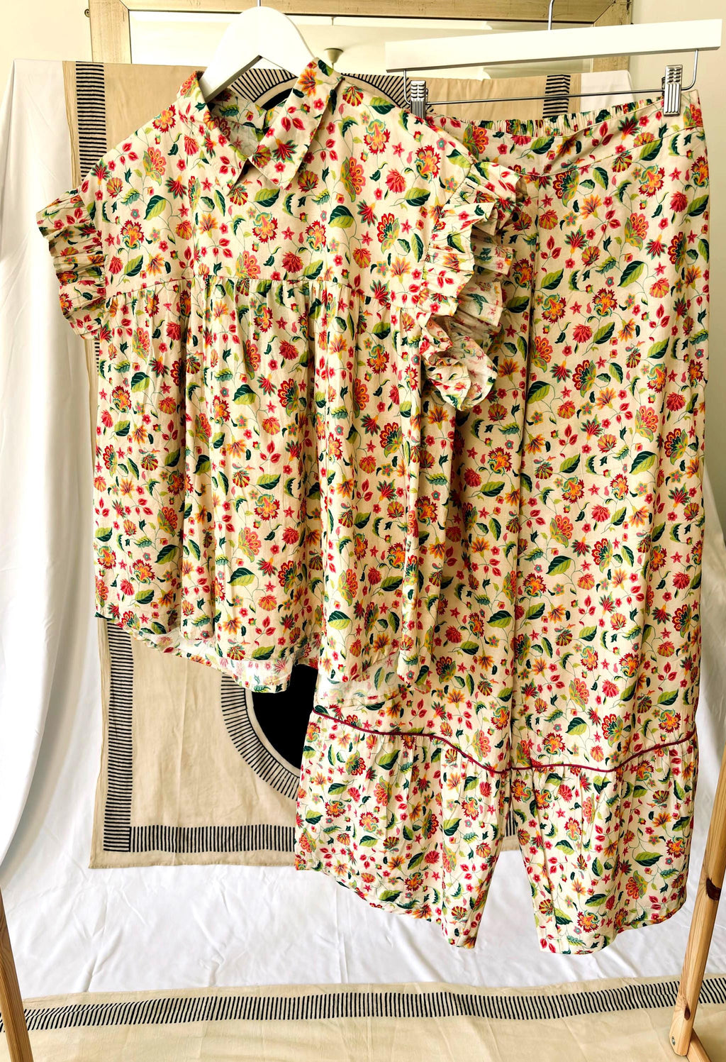 Floral blouse | 100% cotton sleeveless summer block print | orange | blue | cream