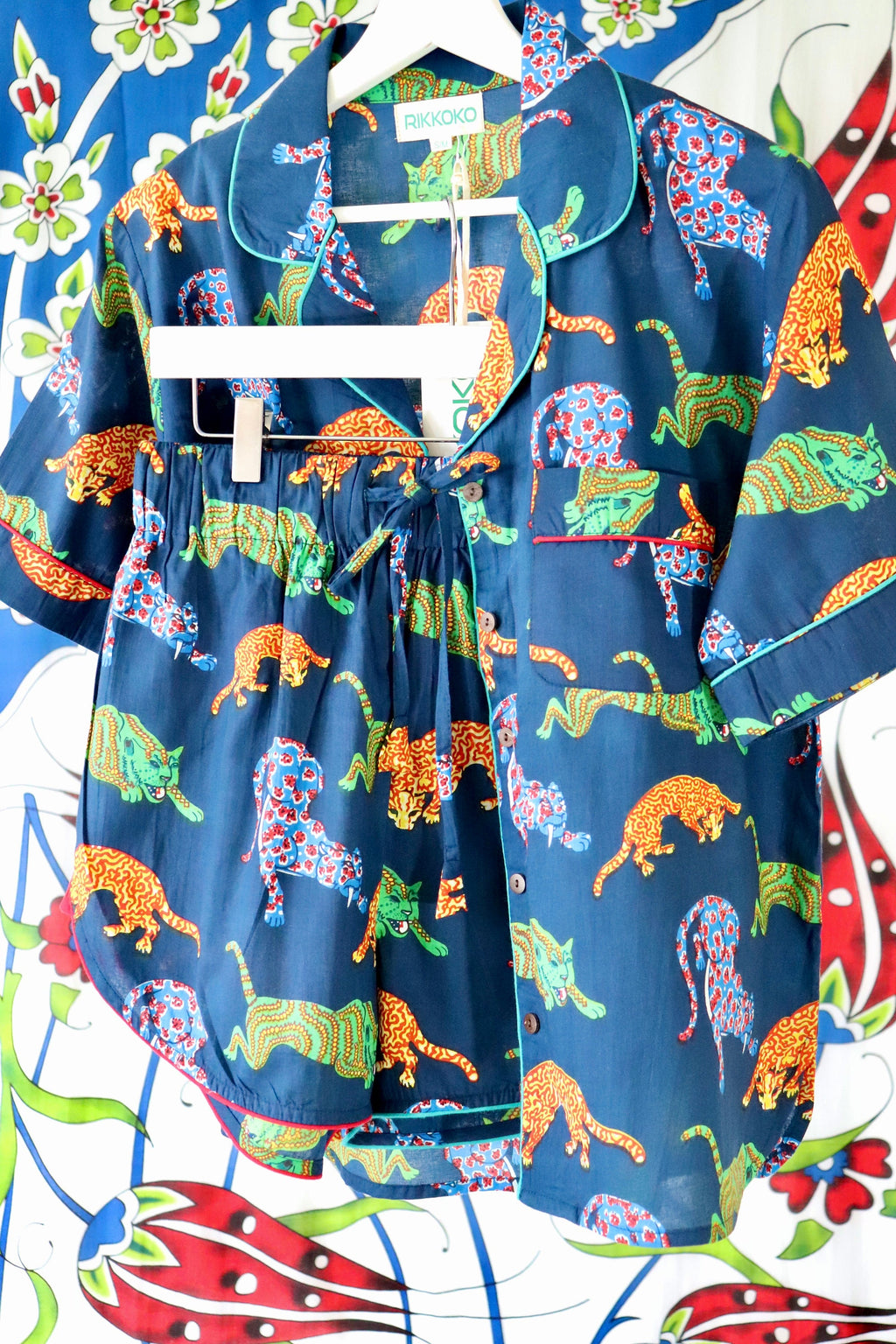 Cotton Pyjama Set: Navy Blue Panther Print, Short Sleeve Loungewear