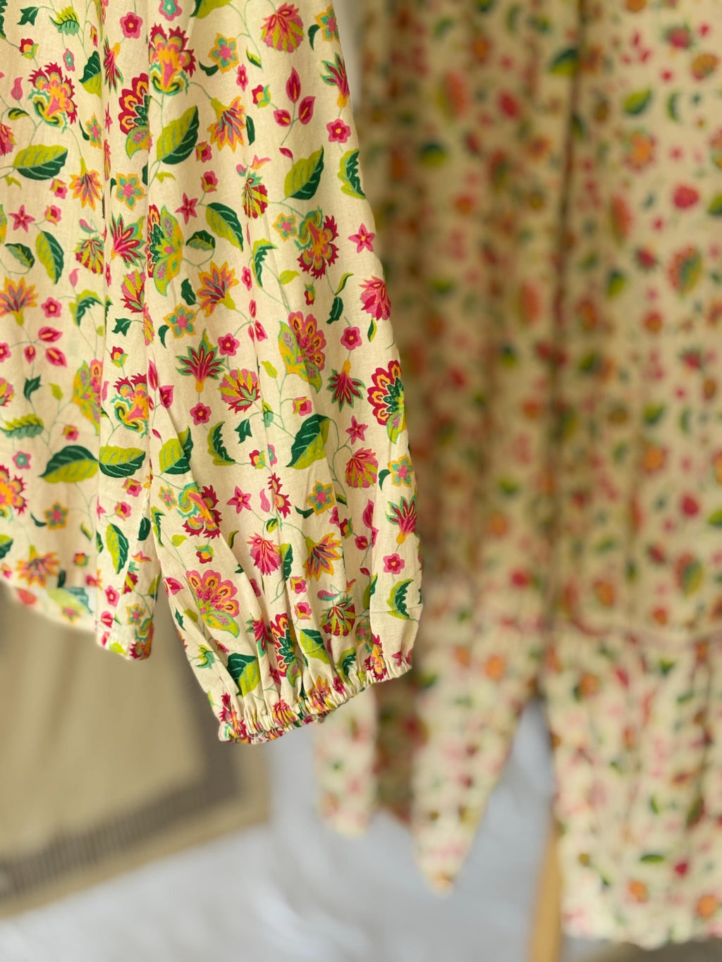 Victorian Floral Cotton Pyjama Set: Magenta Ruffle Trim