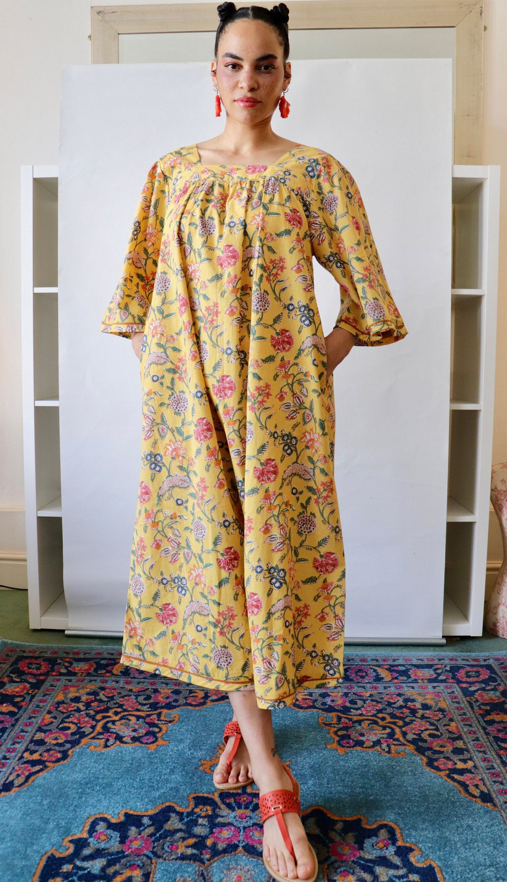 Floral Cotton Summer Dress: Yellow Block-Print Lounge Dress