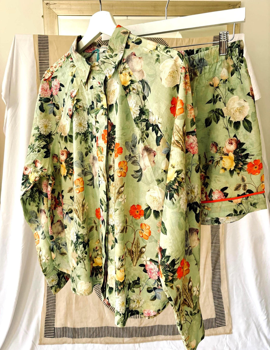 Vintage Floral Print Cotton woman shirt  Sage Green & Orange palette
