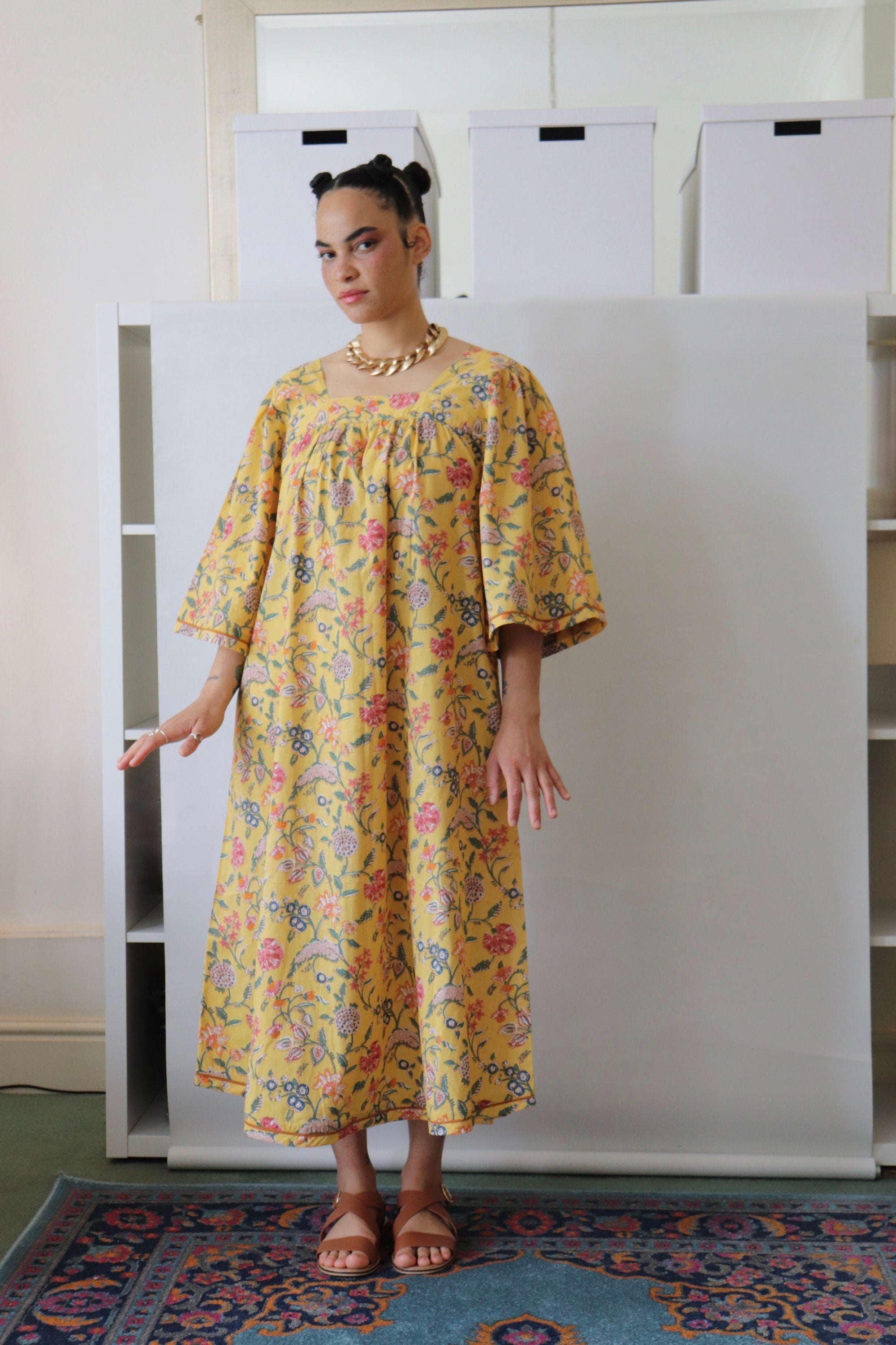 Floral Cotton Summer Dress: Yellow Block-Print Lounge Dress