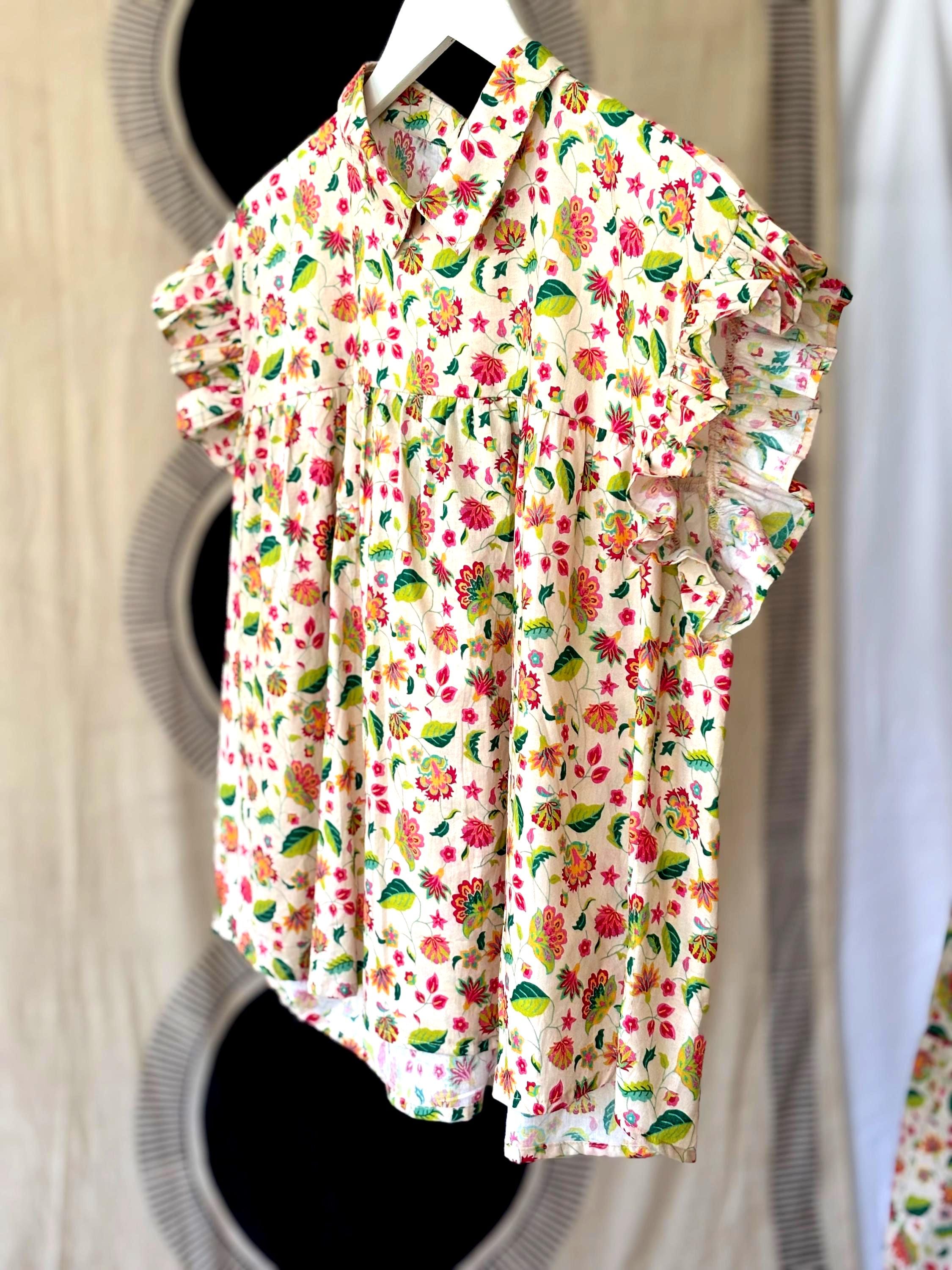 Floral blouse | 100% cotton sleeveless summer block print | orange | blue | cream