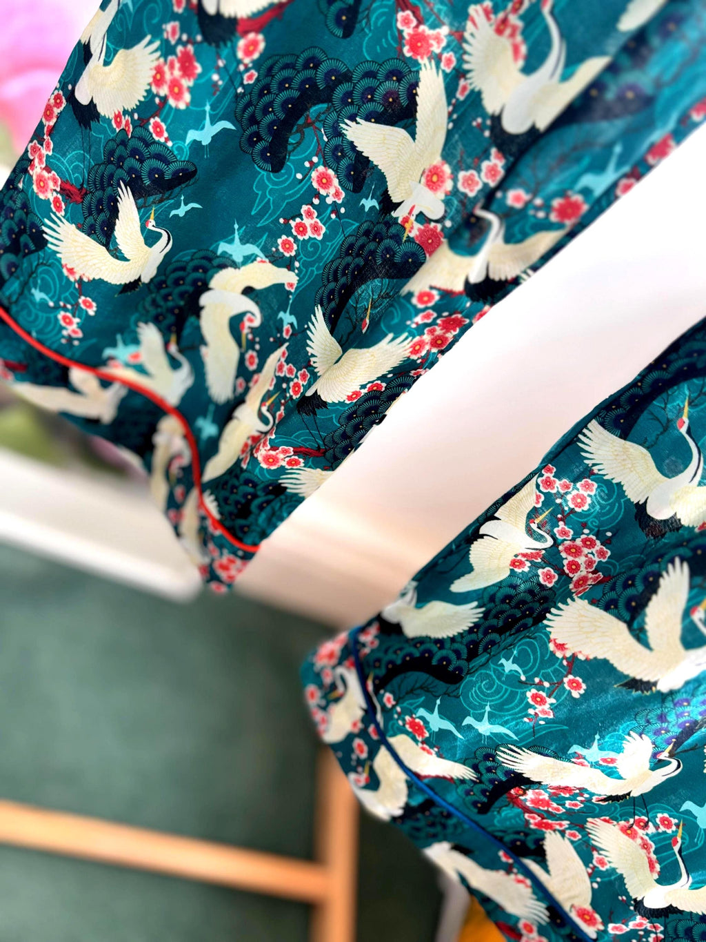 Japanese Print Cotton Pajama Set: Green Serenity with Pockets