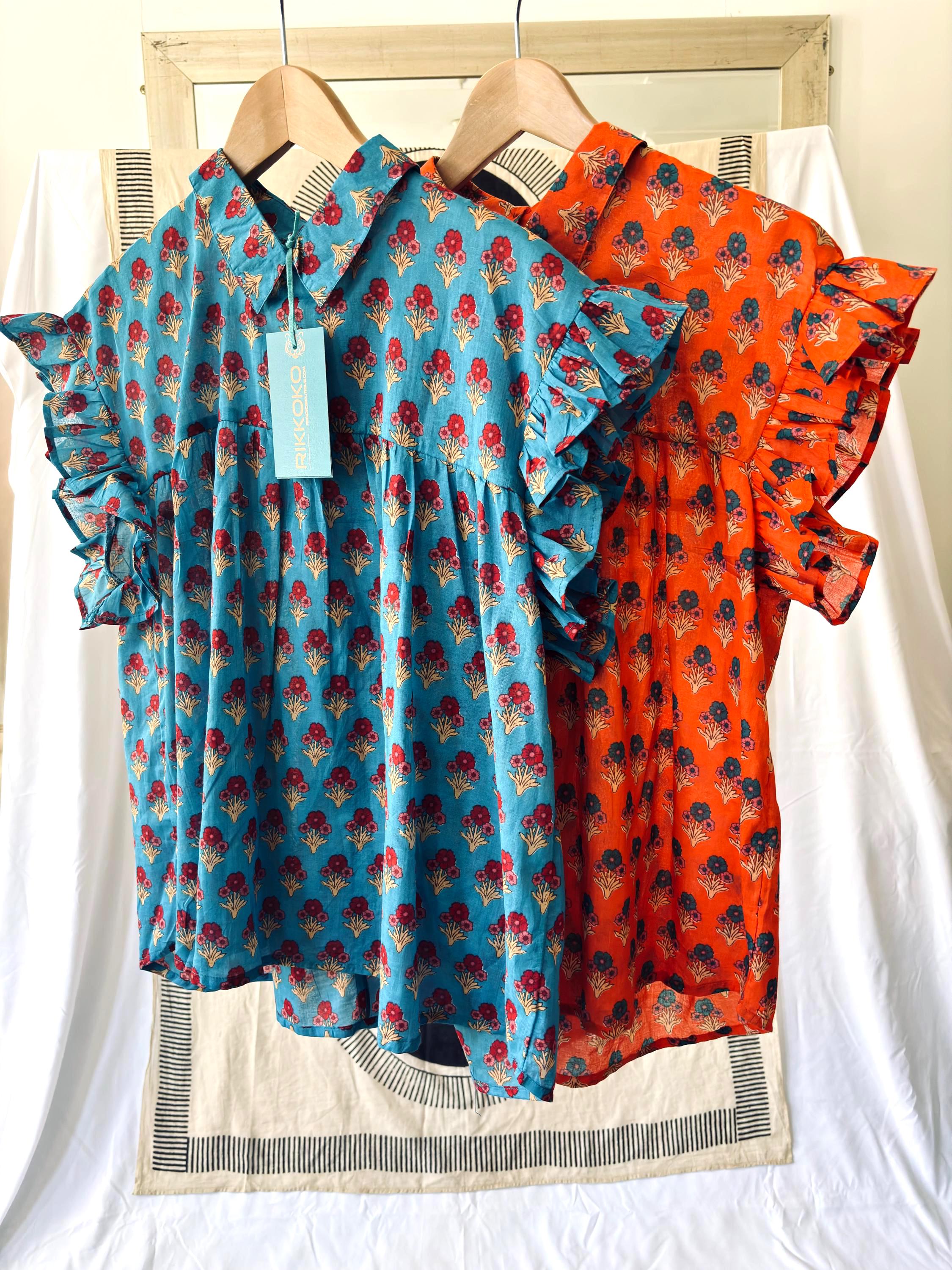 Floral blouse | 100% cotton sleeveless summer block print | orange | blue | cream