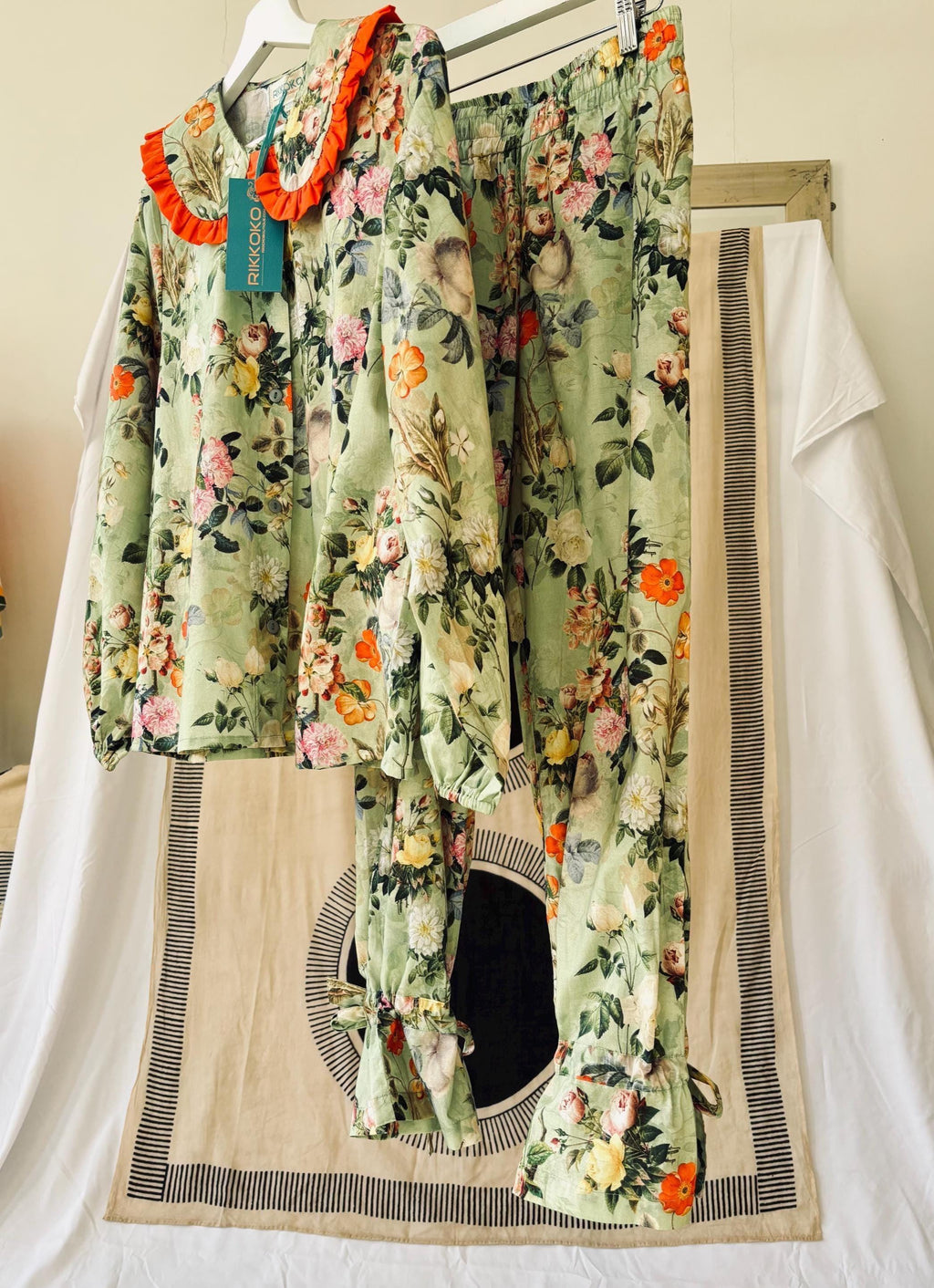 Victorian Floral Cotton Pyjama Set: Magenta Ruffle Trim