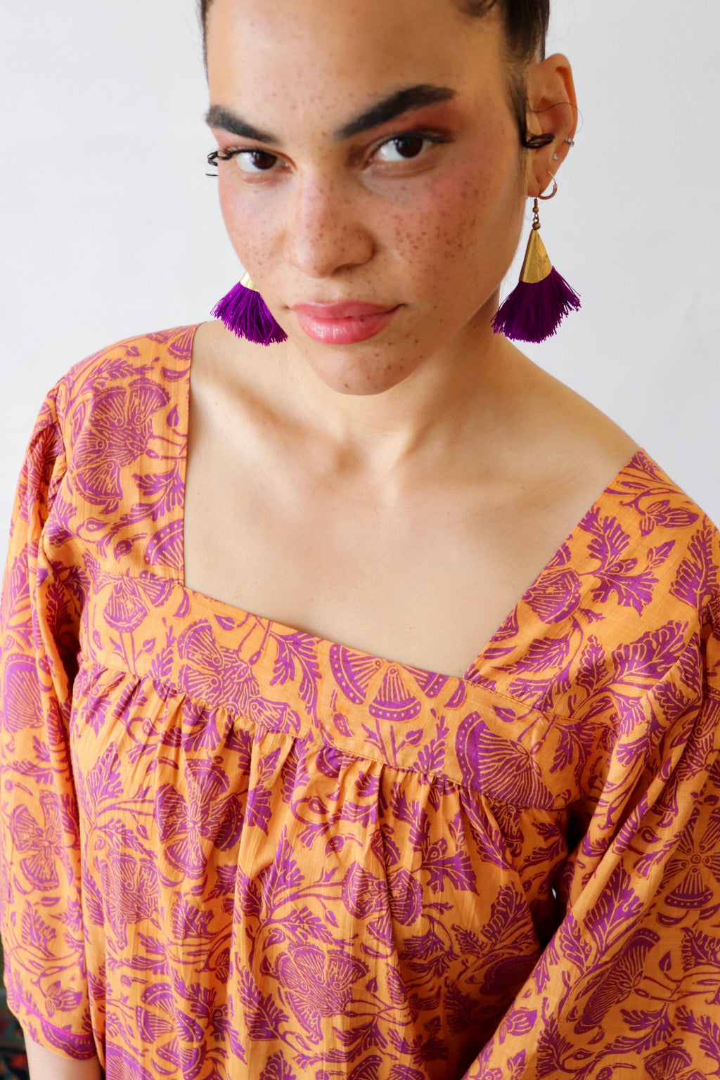 Floral Cotton Summer Dress: Yellow Block-Print Lounge Dress