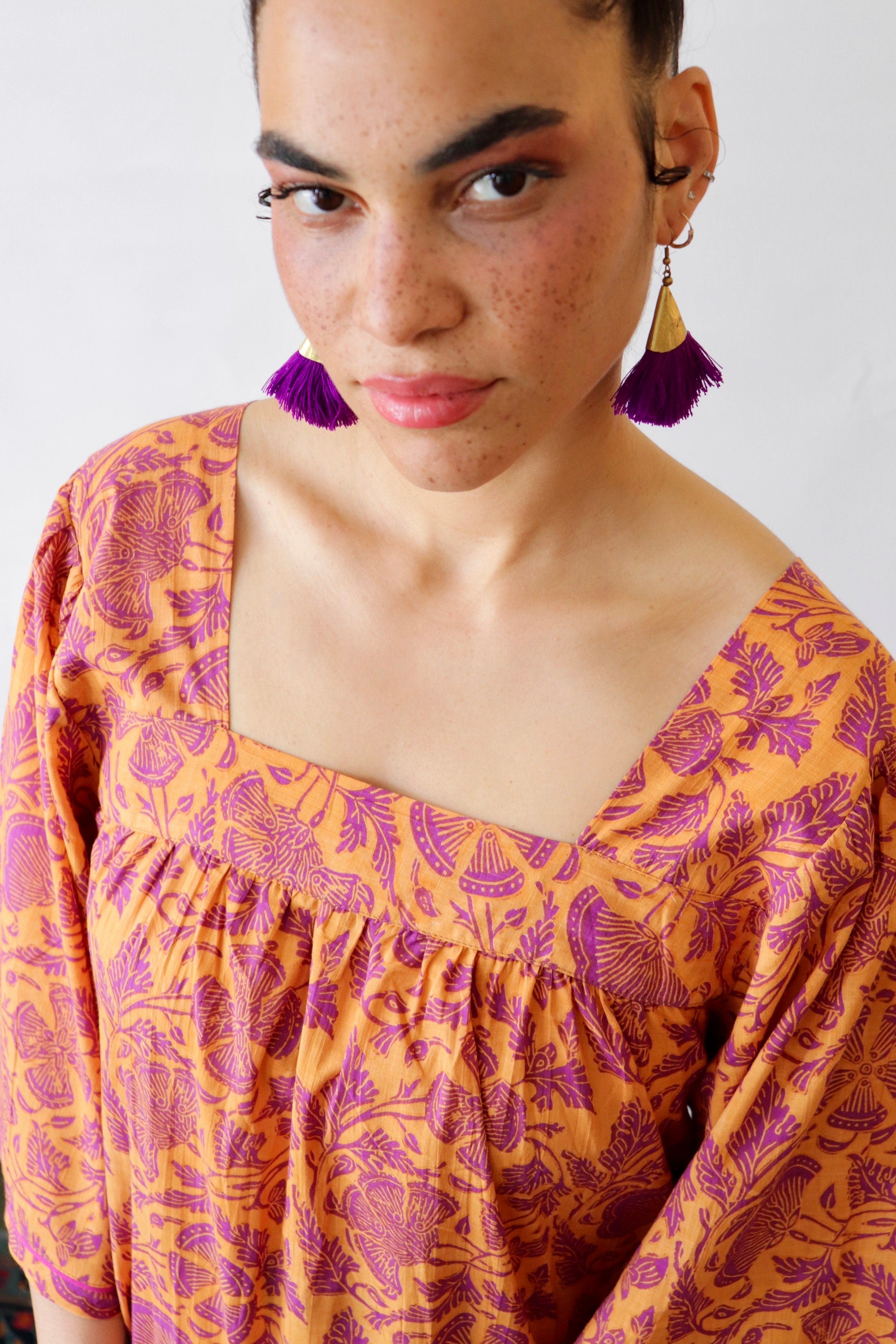 Floral Cotton Summer Dress: Yellow Block-Print Lounge Dress