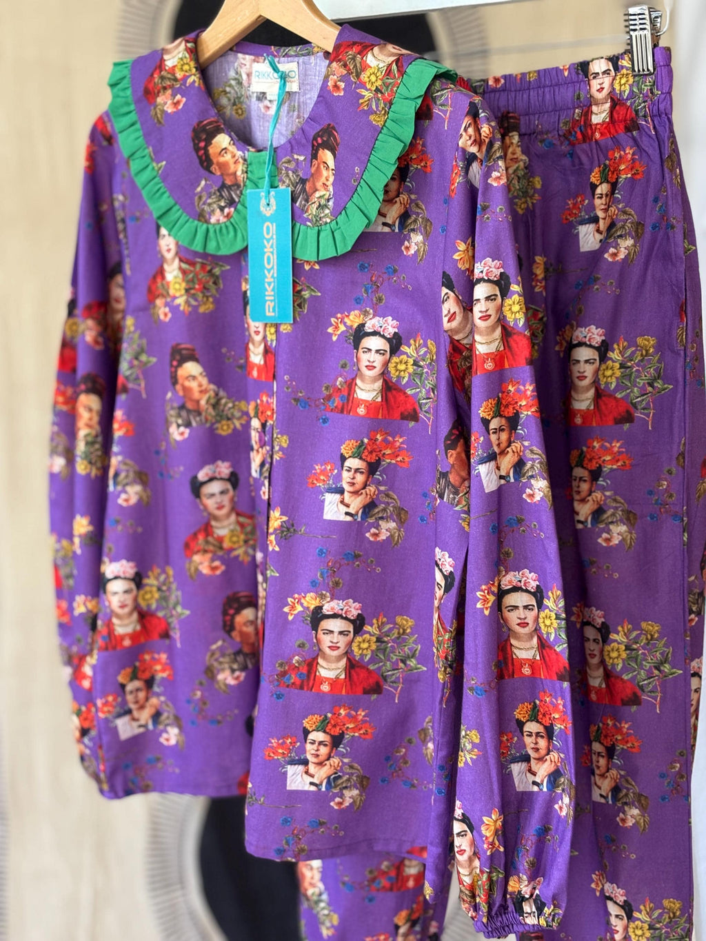 Frida Kahlo Print Cotton Pajama Set: Victorian Style Purple Loungewear