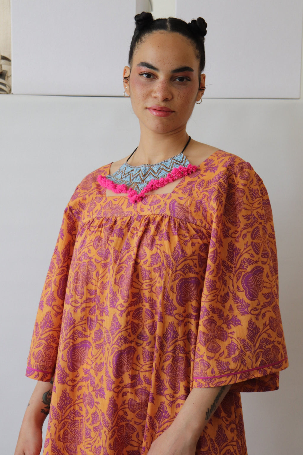 Floral Cotton Summer Dress: Block Print Lounge Dress with Sleeves