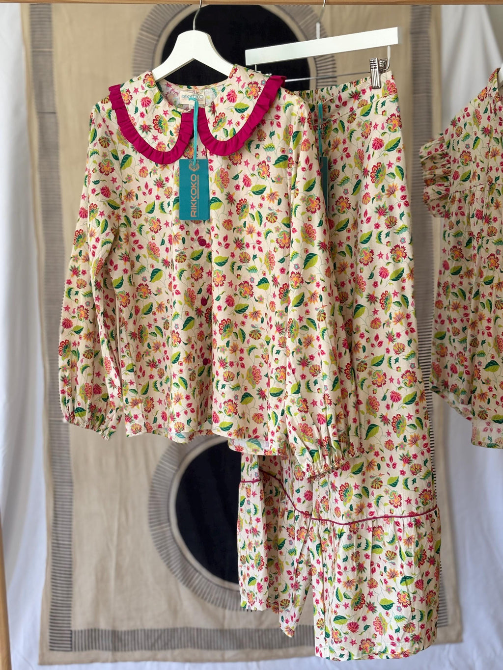 Victorian Floral Cotton Pyjama Set: Magenta Ruffle Trim