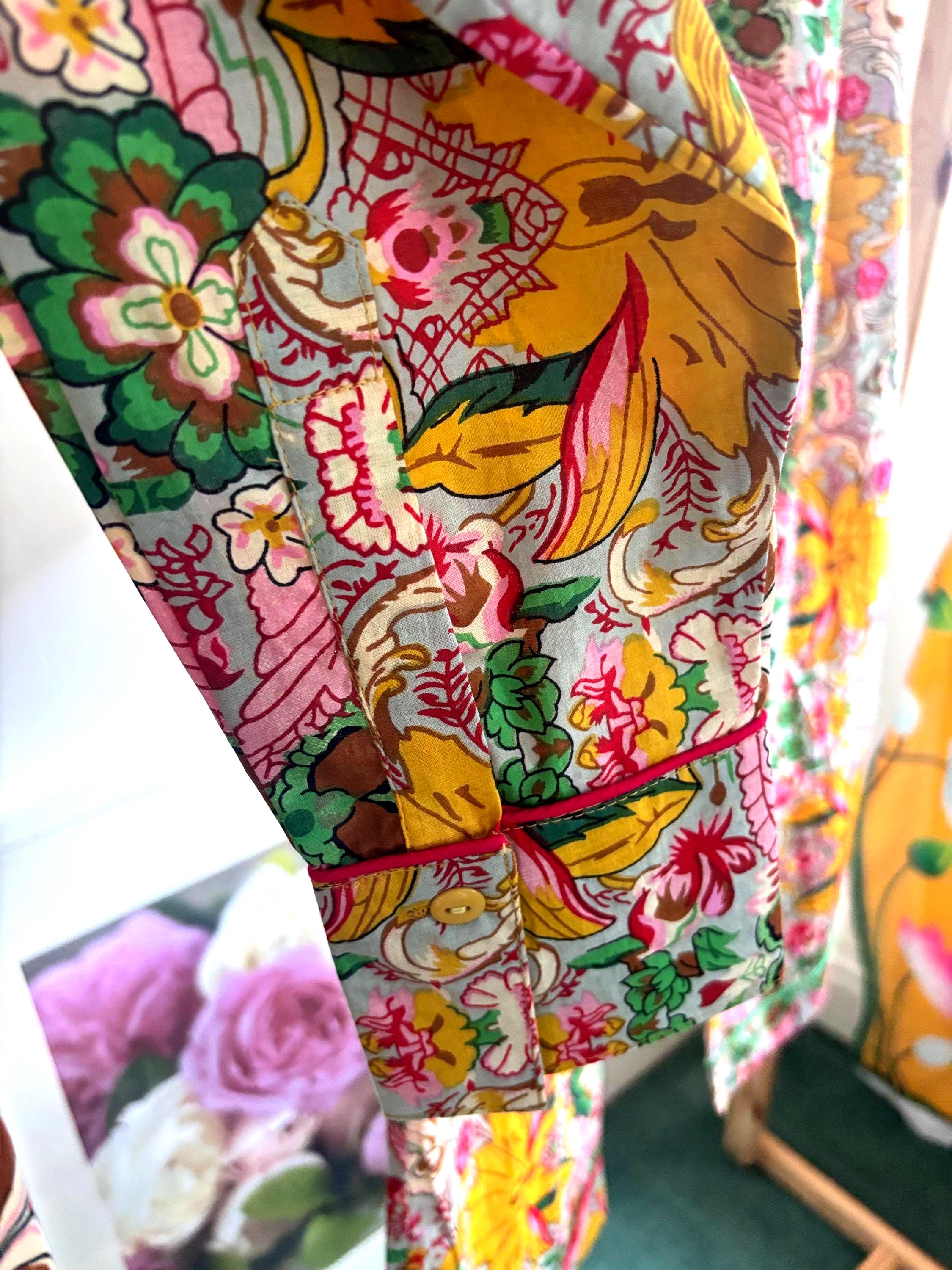 Woman Pyjama cotton Set  Yellow Prism Print and Contrast Piping long pants and sleeves