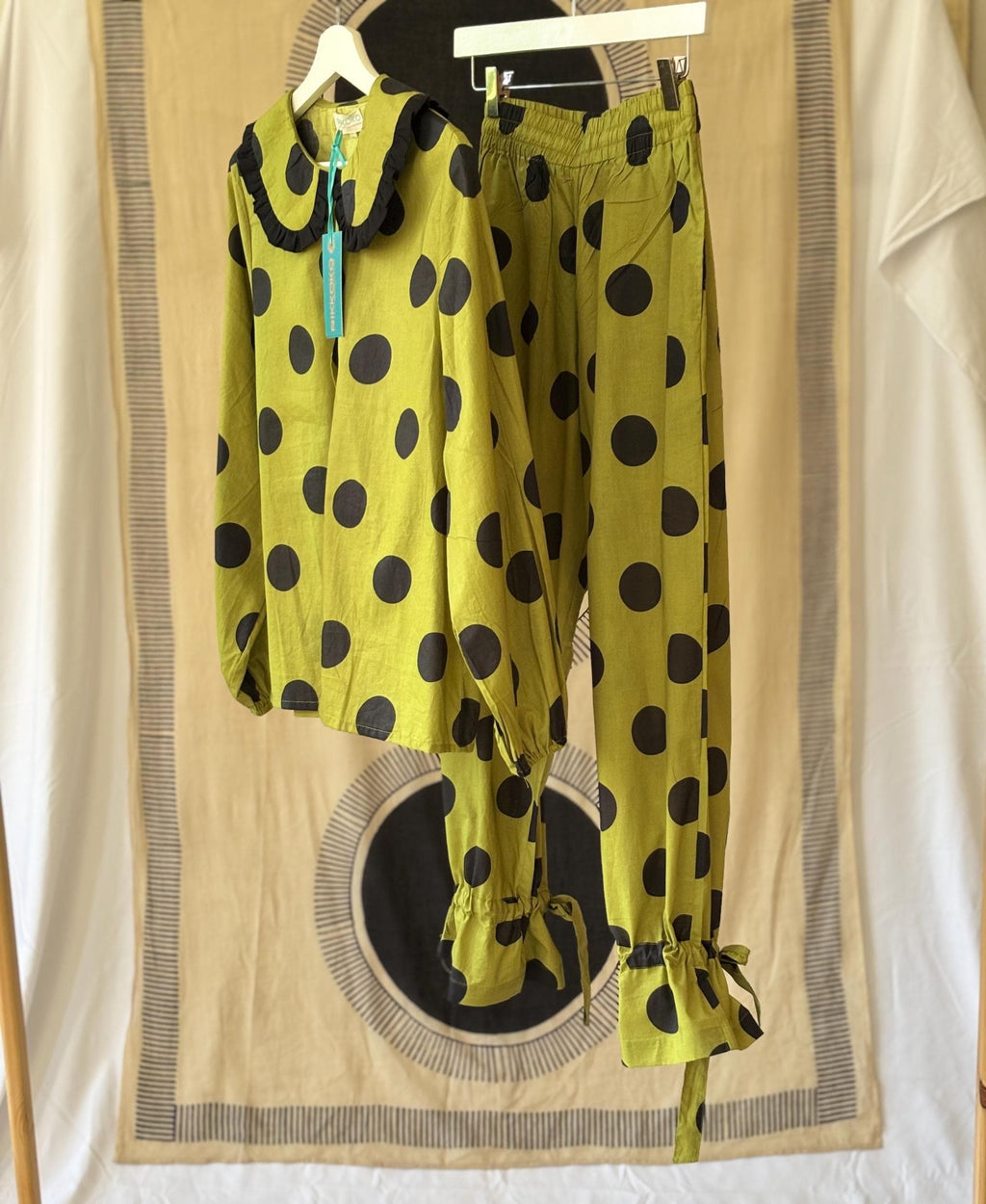 woman Victorian Style Cotton Pyjama  Set black Polka Dot  on a lime green base