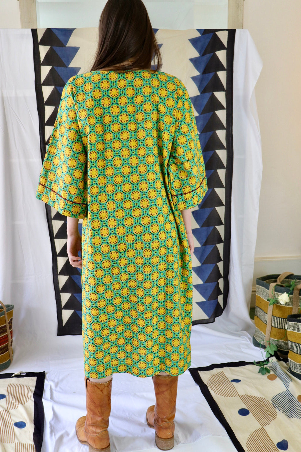 Cotton Kaftan Shirt|dress Floral Print Tunic on a light green and yellow palette