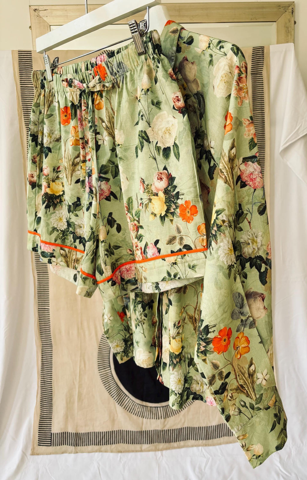 Vintage Floral Print Cotton woman shirt  Sage Green & Orange palette