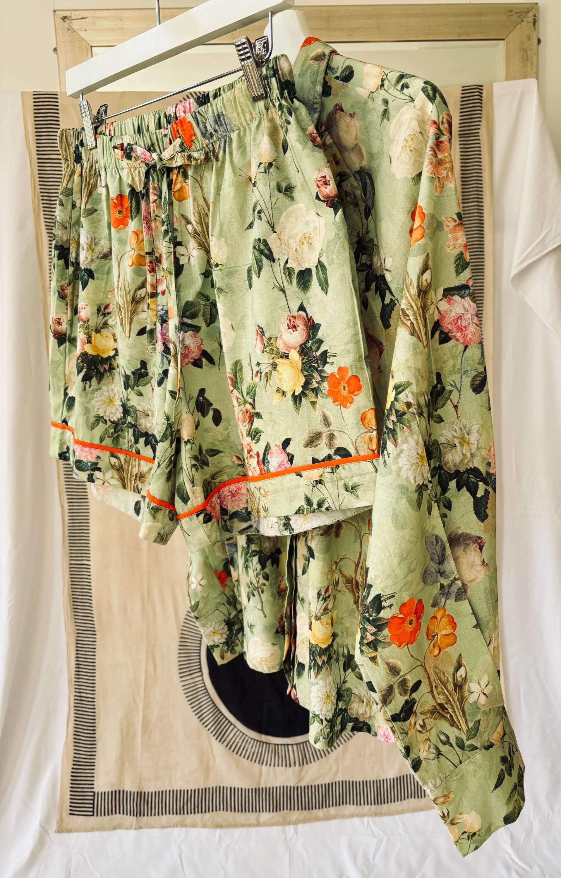 Vintage Floral Print Cotton woman shirt  Sage Green & Orange palette