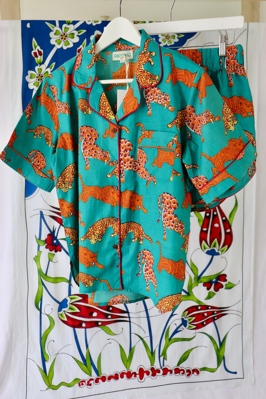 Cotton Pyjama Set: Green Orange Panther Print, Short Sleeve Piped Loungewear