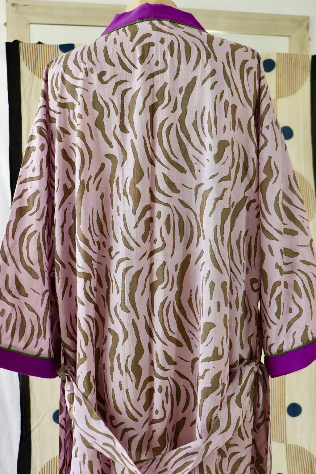 Animal Print Cotton Kimono Robe: Handmade Violet Loungewear