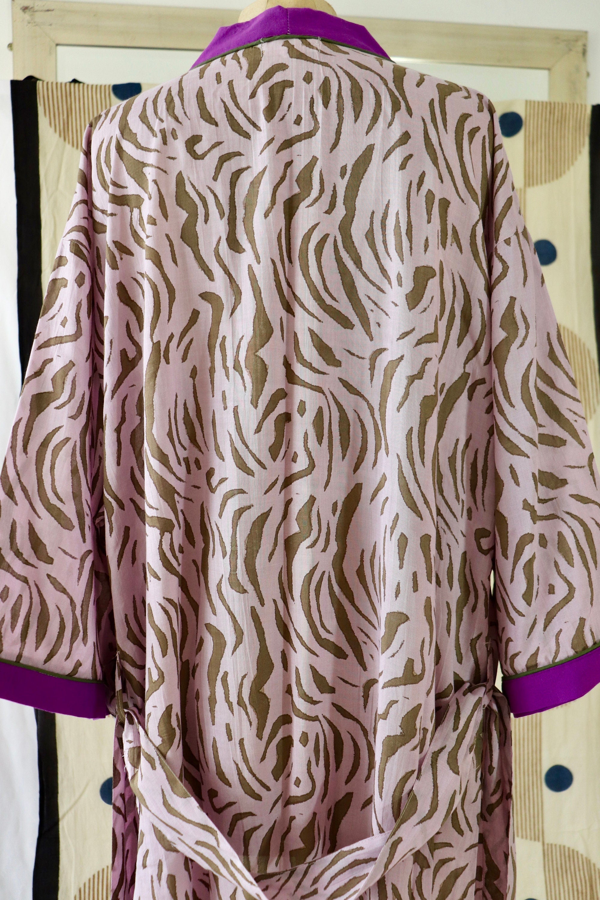 Animal Print Cotton Kimono Robe: Handmade Violet Loungewear