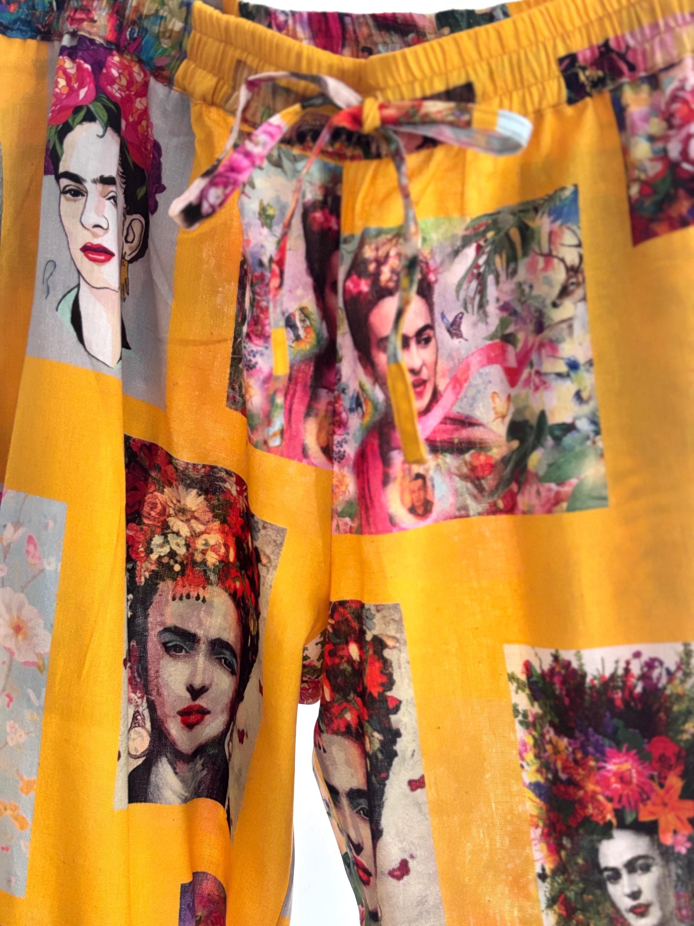 Frida Kahlo Cotton Pyjama frills Set: Yellow Portrait Print Loungewear