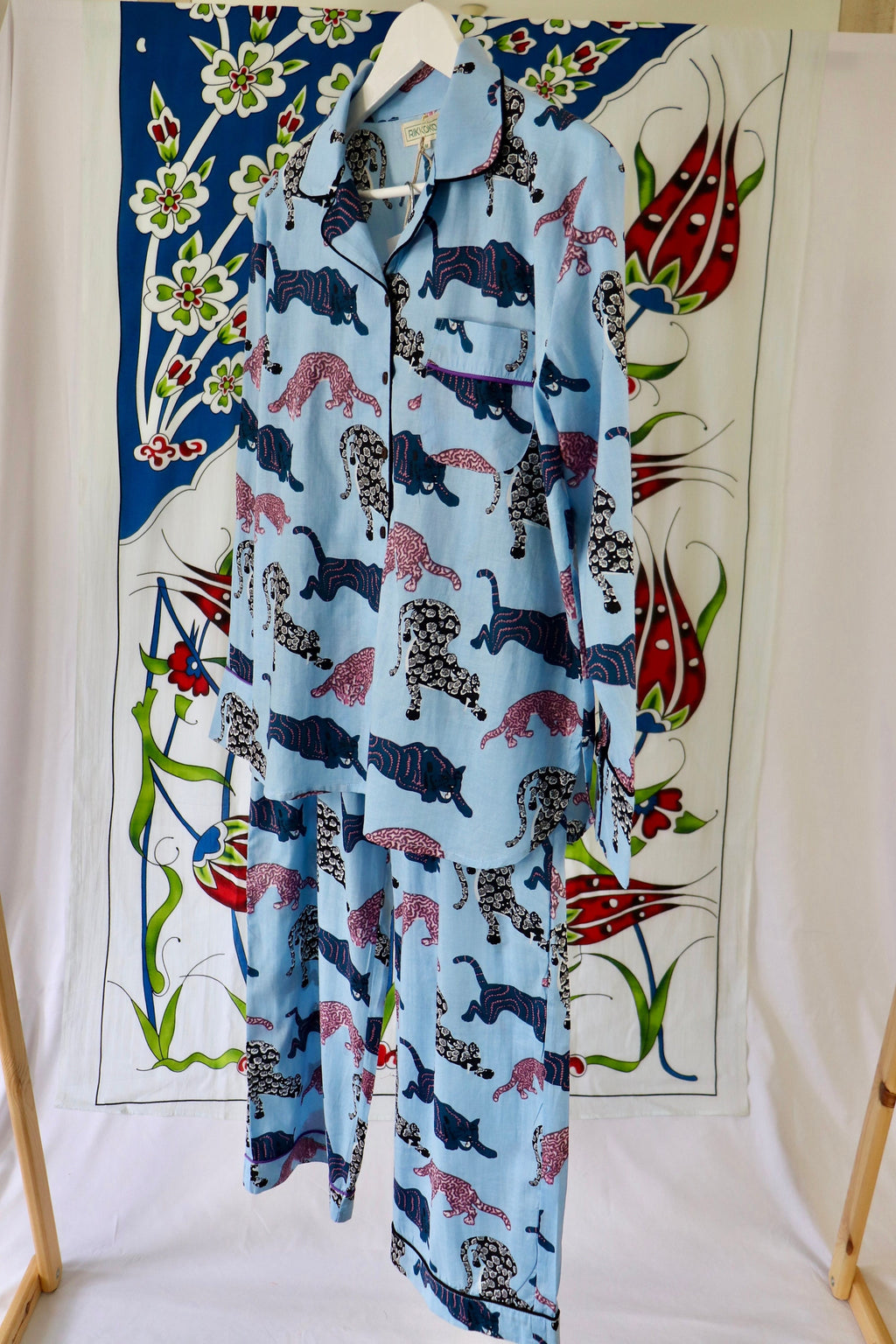 Panther Print Cotton Pajama Set: Blue Long Sleeve Loungewear