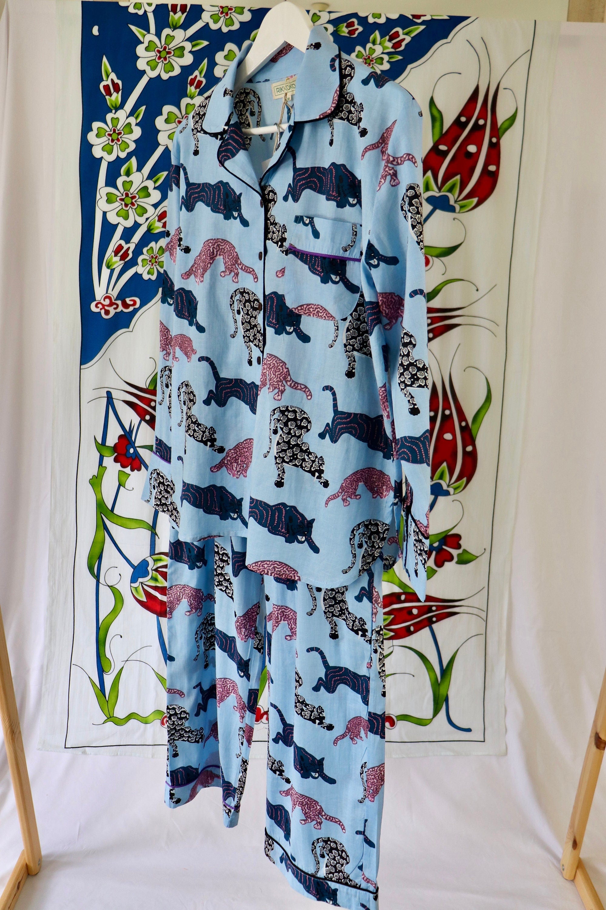 Panther Print Cotton Pajama Set: Blue Long Sleeve Loungewear