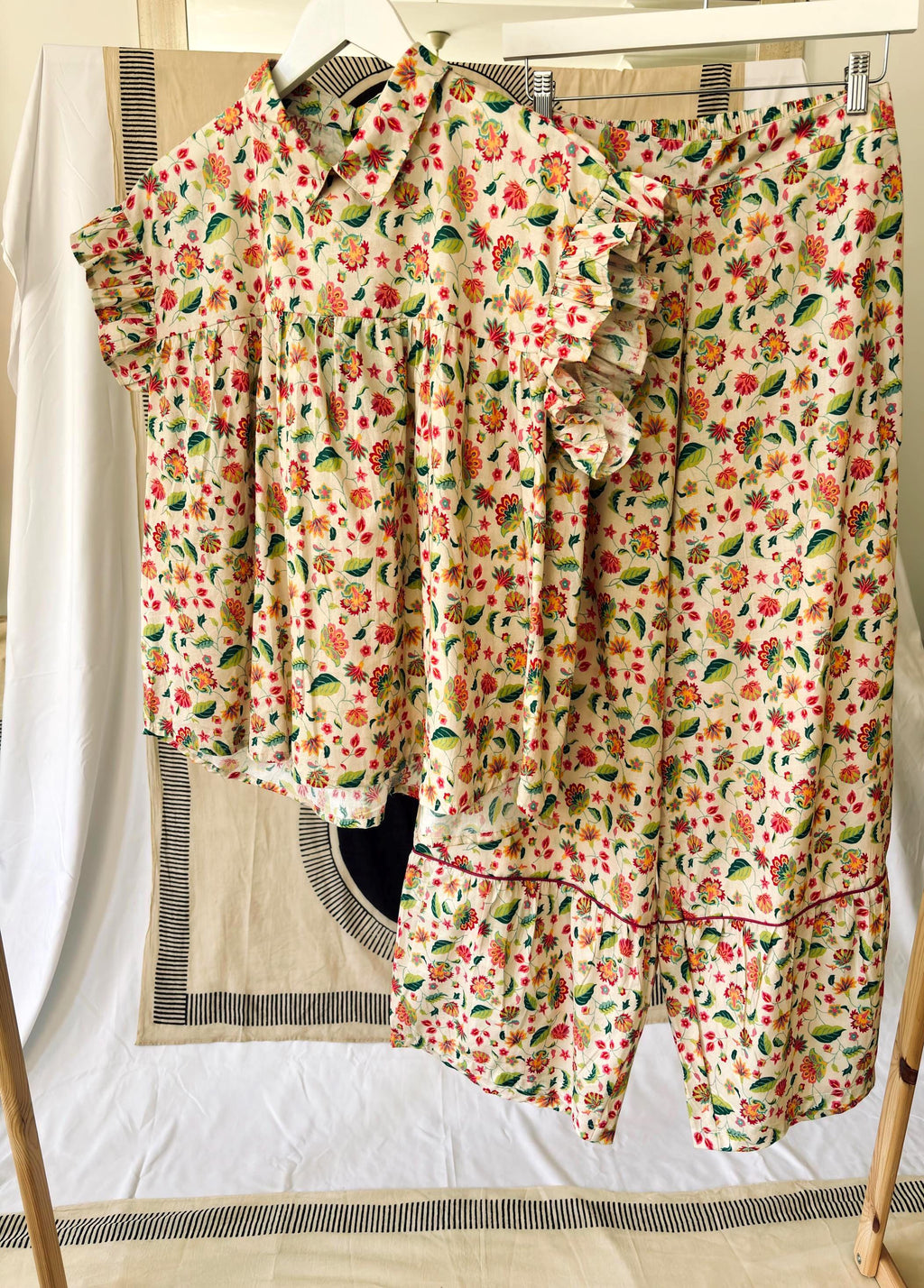 Victorian Floral Cotton Pyjama Set: Magenta Ruffle Trim