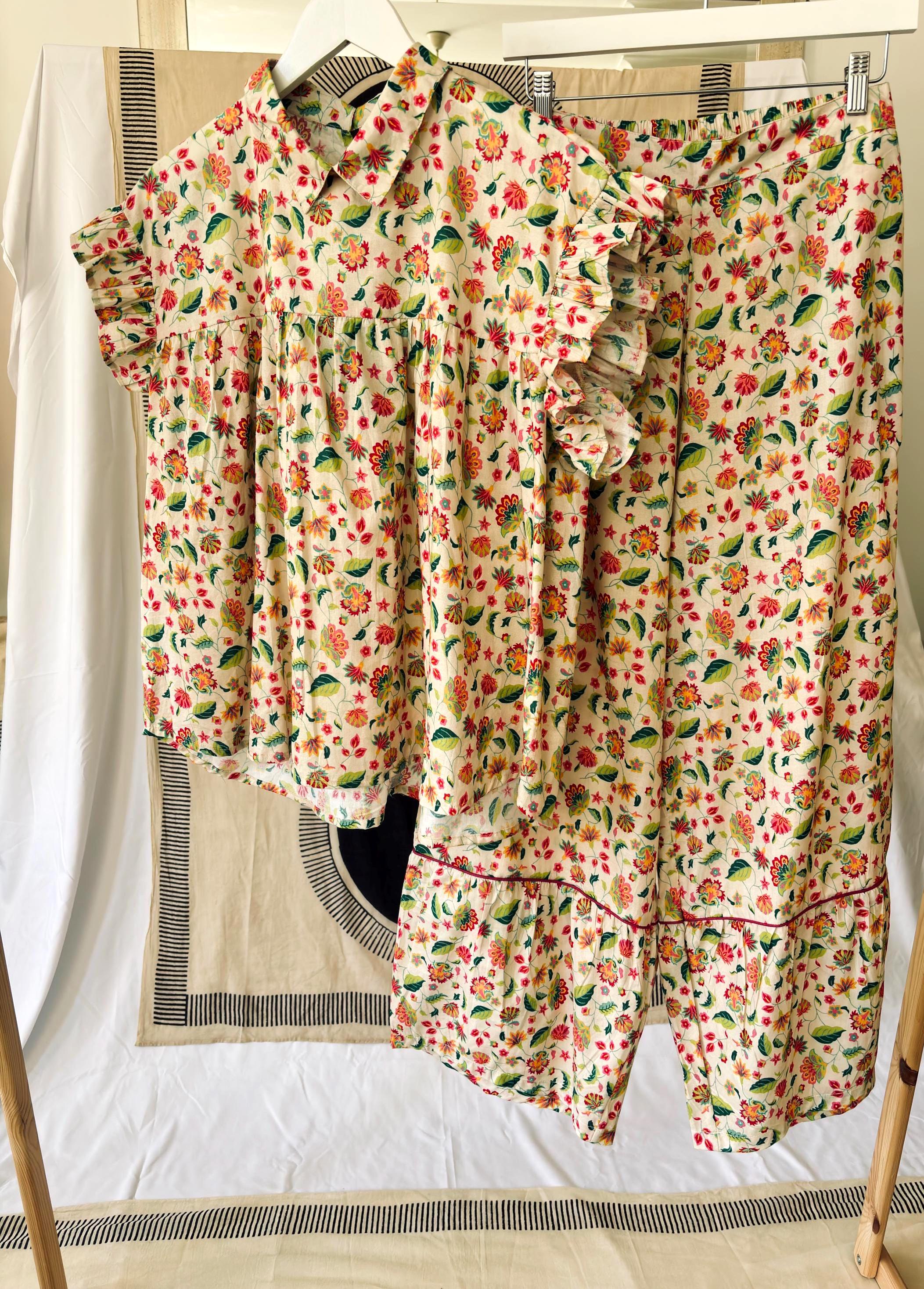 Victorian Floral Cotton Pyjama Set: Magenta Ruffle Trim