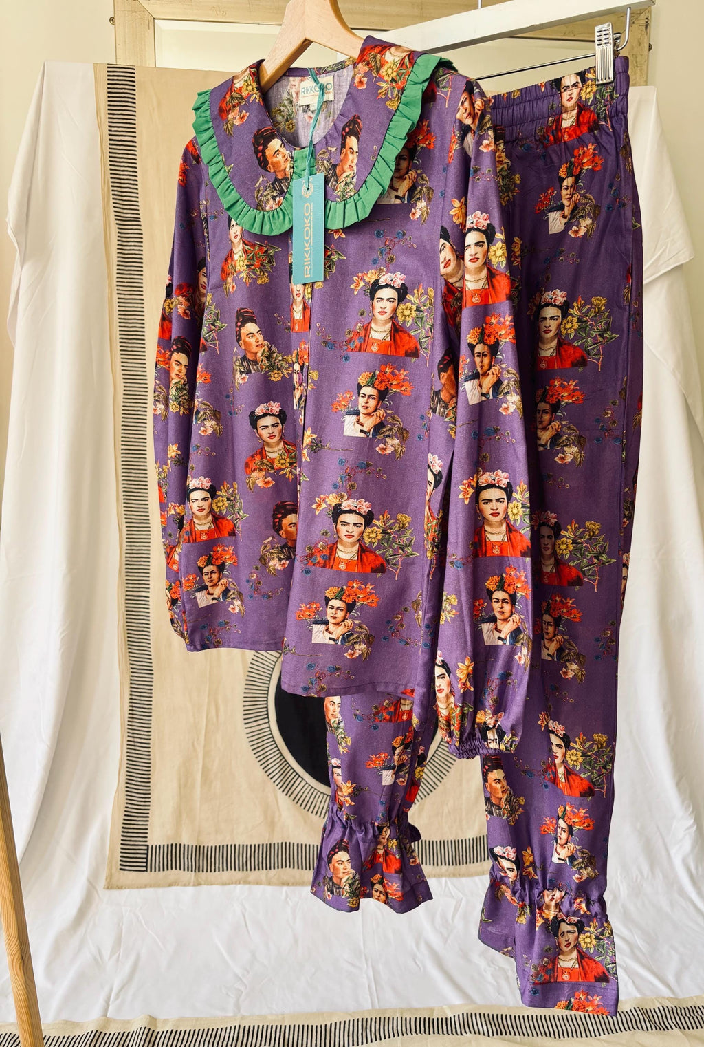 Victorian Floral Cotton Pyjama Set: Magenta Ruffle Trim