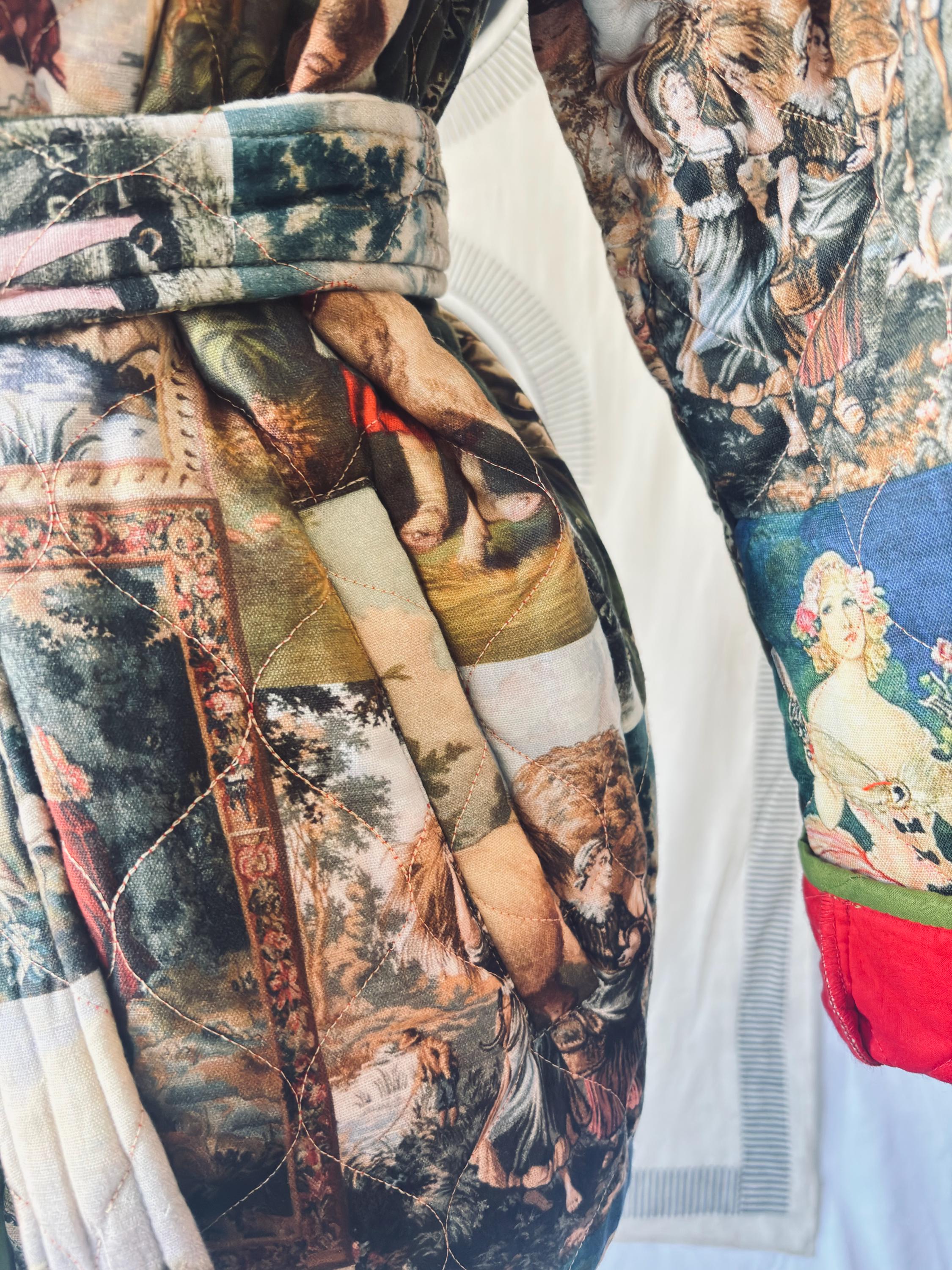 Padded Robe Jacket: Romantic Painting Print, Green/Yellow Piping in cotton and digital print