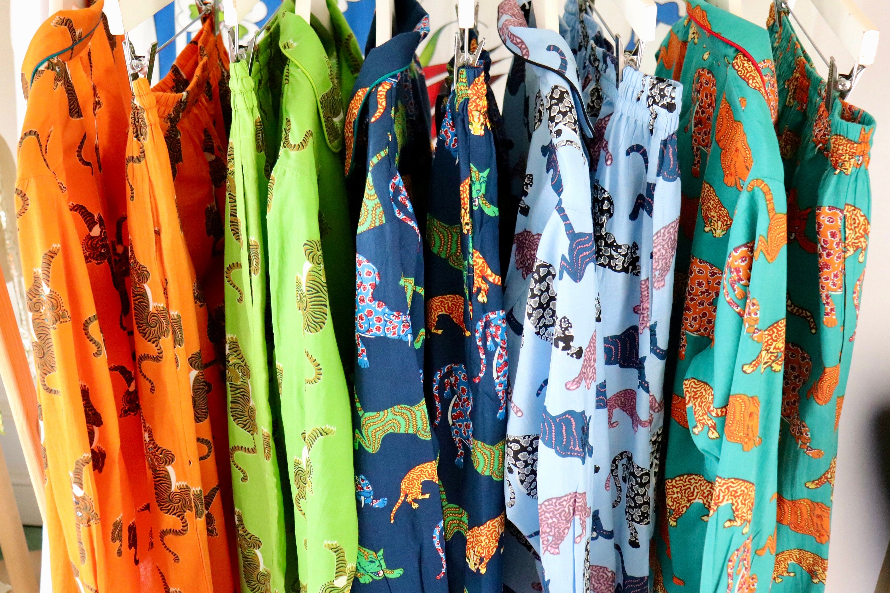 Panther Print Cotton Pajama Set: Blue Long Sleeve Loungewear