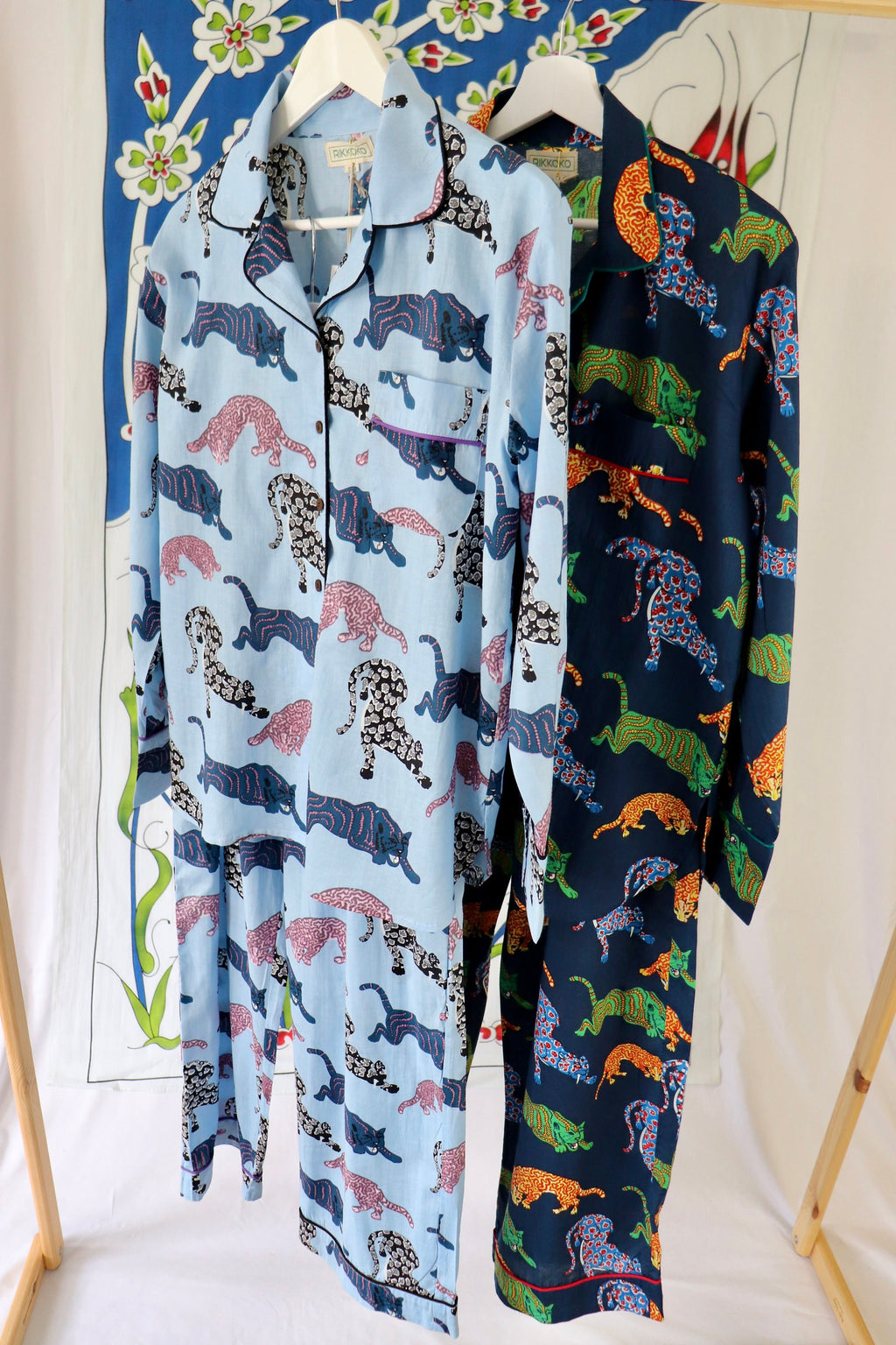 Panther Print Cotton Pajama Set: Blue Long Sleeve Loungewear